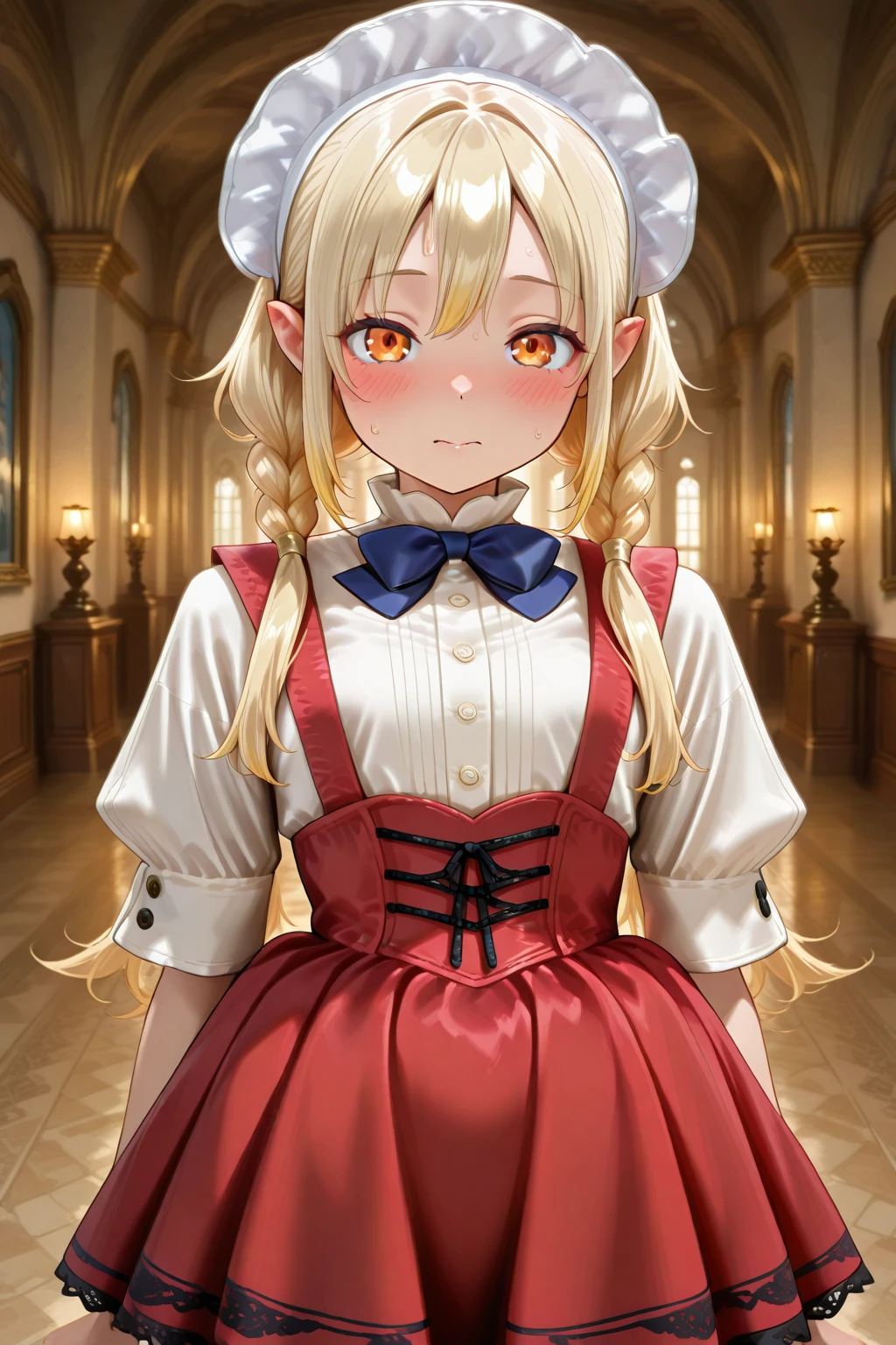 masterpiece, best quality, amazing quality, 1girl, solo, makeup, general, looking at viewer, blush, highres, cowboy shot, standing, mansion, sweat, embarrassed, <lora:RF5_Livia_v1_1:0.8>, RF5_Livia_v1_1, blonde hair, long hair, multicolored hair, twin braids, low twintails, orange eyes, hair between eyes, pointy ears, sidelocks, flat chest, <lora:ClassicMaidV1.0_illustrious:1.2>, classicmaid_cos, white shirt, red dress, short dress, maid headdress, puffy short sleeves, maid, blue bowtie, apron, frilled socks, white socks, white footwear, frilled apron, <lora:wai-2Rectified-V140:1>, <lora:illustrious_noobai_epsilon_pred_1_masterpieces_v1:1>