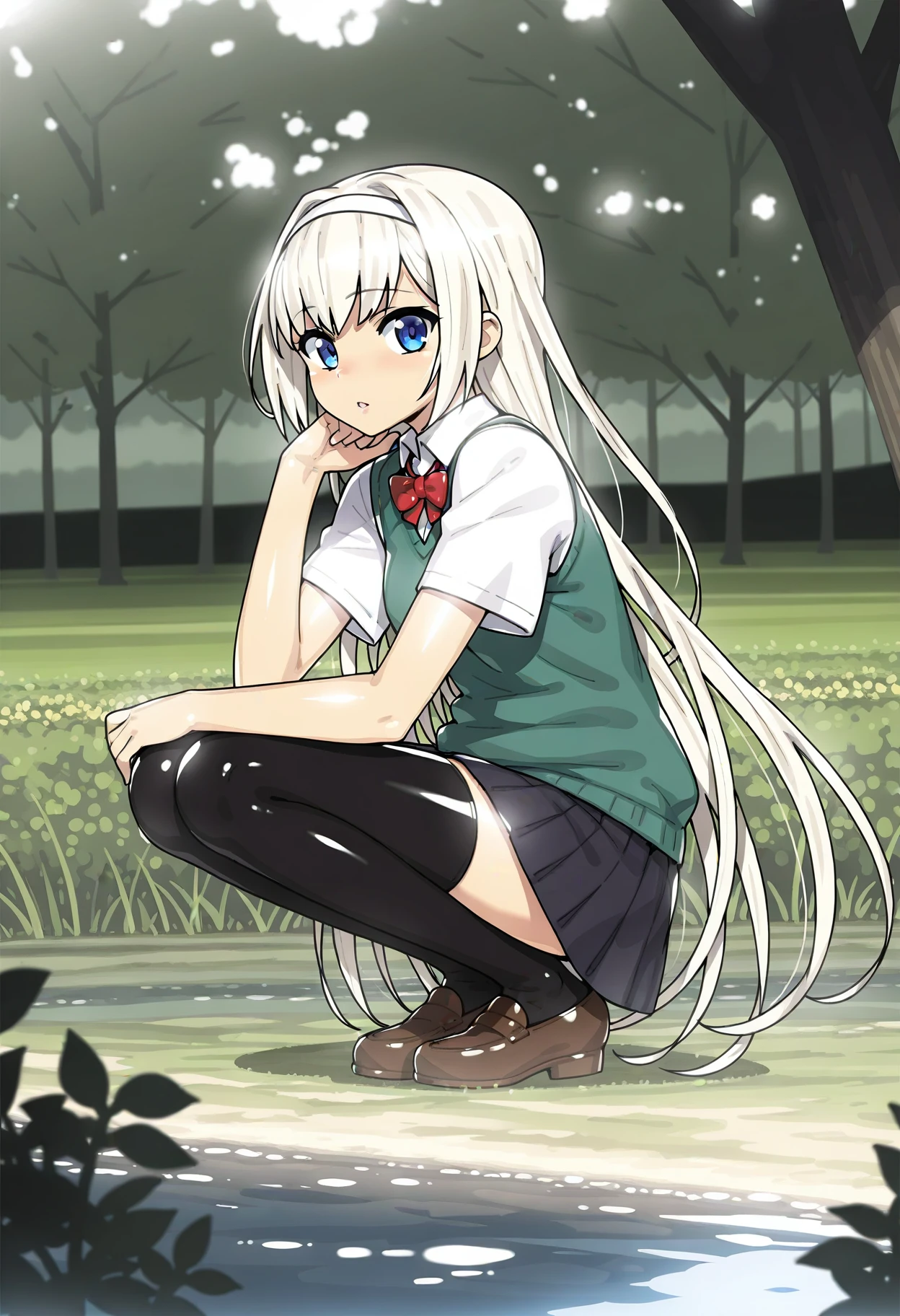 1girl,white haired girl \(munashi mujou\),full body,outdoors,shoes,hairband,zettai ryouiki,solo,white shirt,skirt,shirt,brown footwear,tree,parted lips,very long hair,school uniform,blue eyes,long hair,loafers,day,red bow,red bowtie,bow,water,squatting,looking at viewer,short sleeves,bowtie,blonde hair,white hairband,thighhighs,sweater vest,black thighhighs,grass,miniskirt,black skirt,pleated skirt,Beautiful natural scenery. A young girl with long white hair and blue eyes is squatting on the grass in a park near a lake. She has black thigh-high stockings on her legs and brown shoes on her feet. The background of the image features a green lawn with trees and bushes around the lake,Beautiful natural scenery. she has a serious expression on her face and is looking off to the side. in the foreground,there is a young girl with long blonde hair and blue eyes sitting on the grass near a body of water. the overall mood of the image is peaceful and serene.,