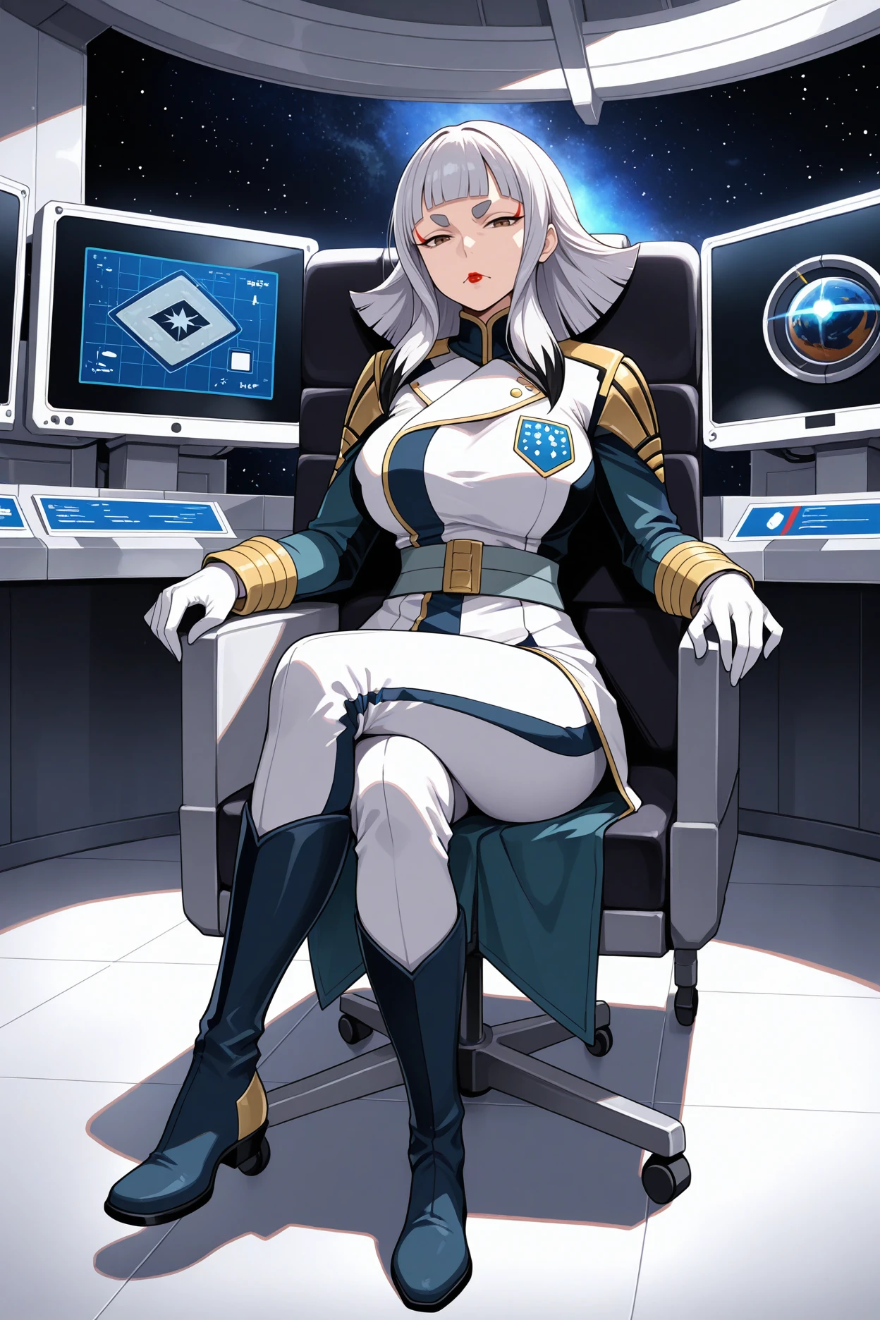 masterpiece, best quality, 1girl, solo, <lora:cartaissue-illu-nvwls-v1-000007:1> carta, medium hair, multicolored hair, white hair, blunt bangs, sidelocks, thick eyebrows, brown eyes, red lipstick, eyeshadow, large breasts, multicolored coat, green sleeves, gold trim, double-breasted, grey belt, white gloves, white pants, striped pants, boots, sitting, crossed legs, chair, space station, indoors, looking at viewer, serious, scowl, full body, monitor