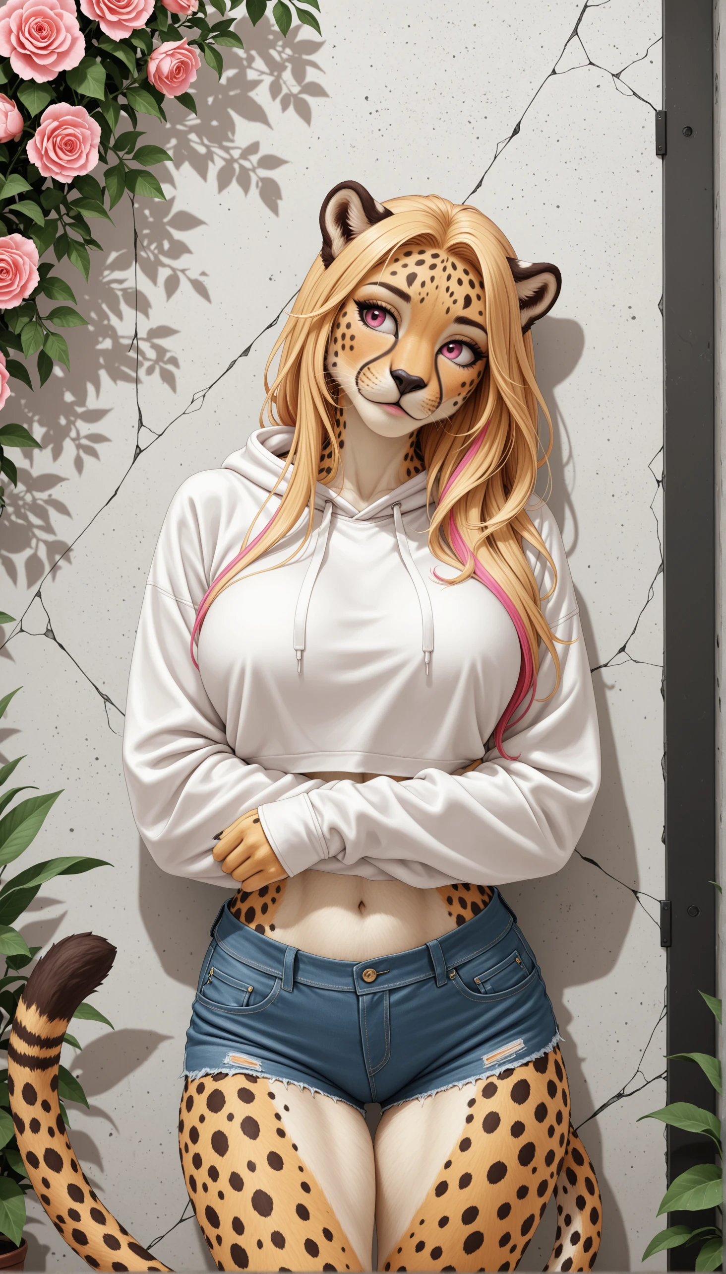 masterpiece, best quality, newest, absurdres, amazing quality, anthro, furry,

1girl, solo,

cowboy shot, from side, straight-on, dutch angle,

(cheetah:1.0), pink eyes, blonde hair, pink streaked hair, (long hair:1.0), (:1.0), 

cropped hoodie, white hoodie, short shorts, hood down,

leaning against wall, head tilt, crossed arms, looking away,

floral background,

eruca, realistic, depth of field, detailed background,