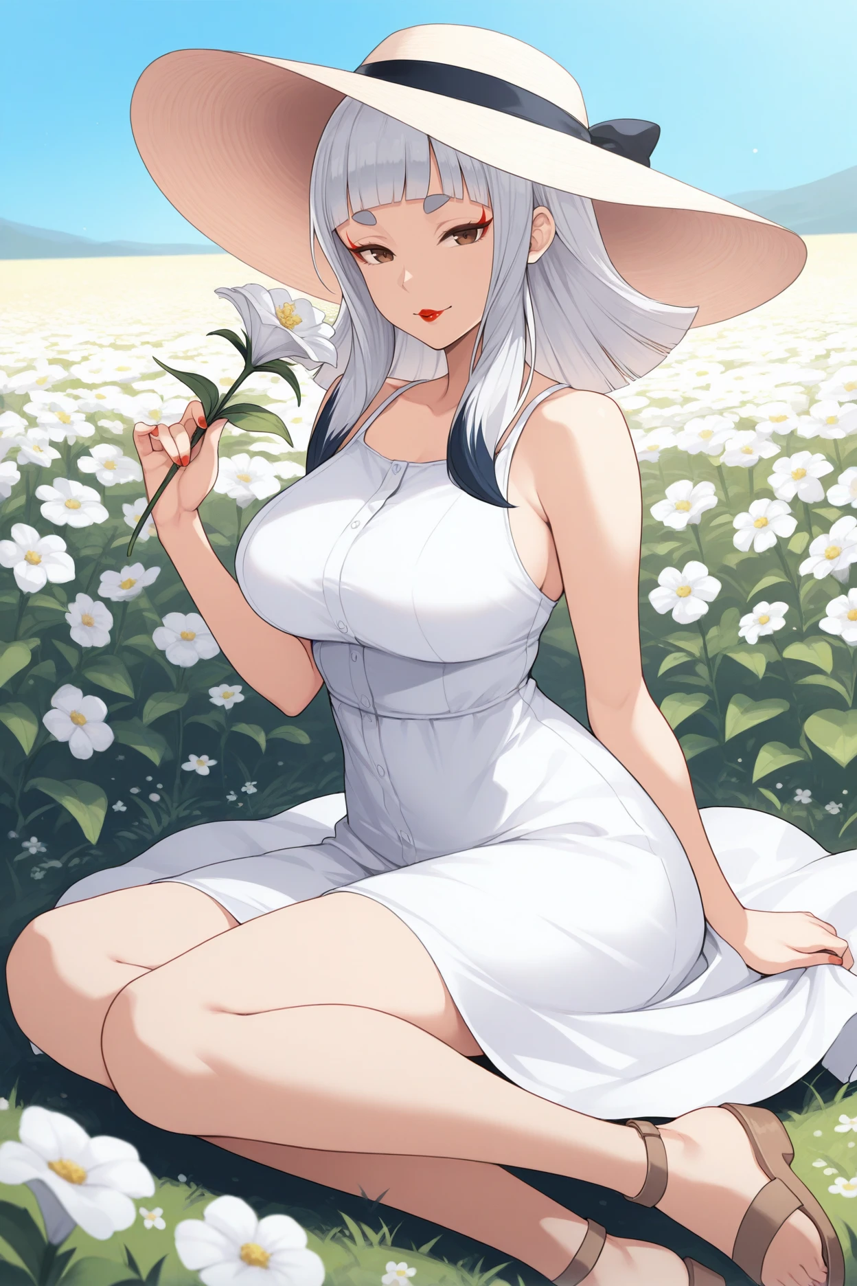 masterpiece, best quality, 1girl, solo, <lora:cartaissue-illu-nvwls-v1-000007:1> carta, medium hair, multicolored hair, white hair, blunt bangs, sidelocks, thick eyebrows, brown eyes, red lipstick, eyeshadow, large breasts, sun hat, white dress, sundress, looking at viewer, smile, holding flower, sitting, on ground, sandals, flower field, blue sky