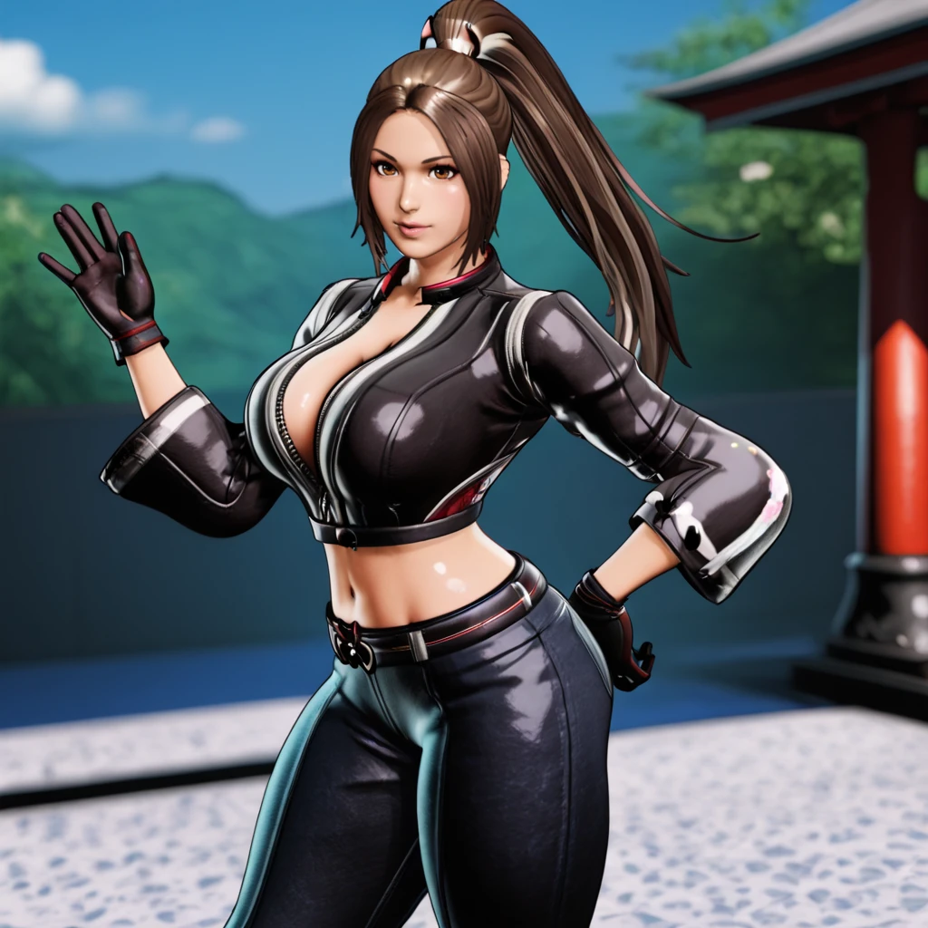 Mai shiranui, (best qualityer,ultra detali),(realisitic:1.37), beautiful and detailed face, ultrarealistic texture, 精致的面容, athletic body, bright coloured. High definition, 8k