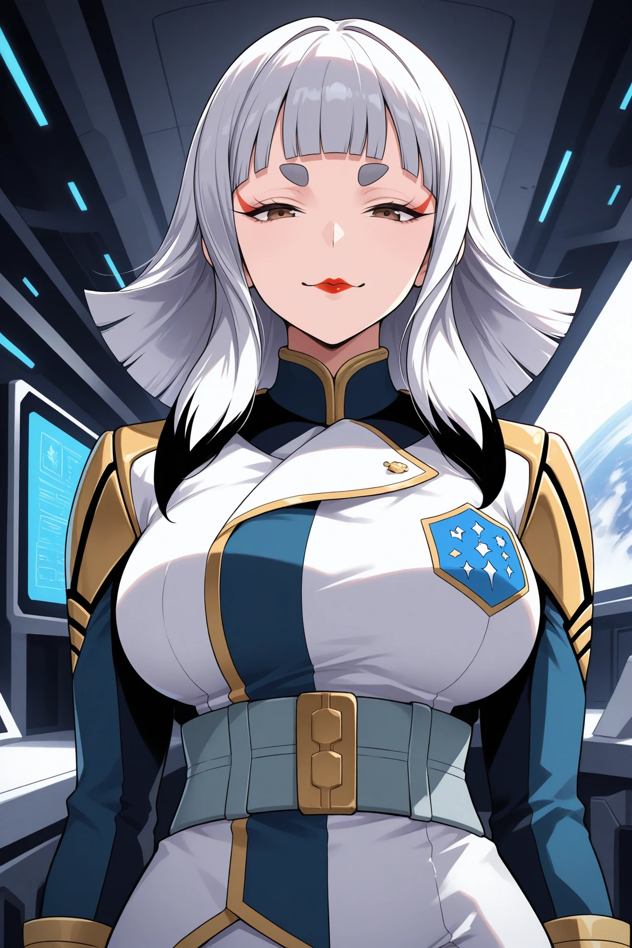 masterpiece, best quality, 1girl, solo, <lora:cartaissue-illu-nvwls-v1-000007:1> carta, medium hair, multicolored hair, white hair, blunt bangs, sidelocks, thick eyebrows, brown eyes, red lipstick, eyeshadow, large breasts, multicolored coat, green sleeves, gold trim, double-breasted, grey belt, white gloves, white pants, striped pants, looking at viewer, upper body, indoors, space station, smirk, straight on