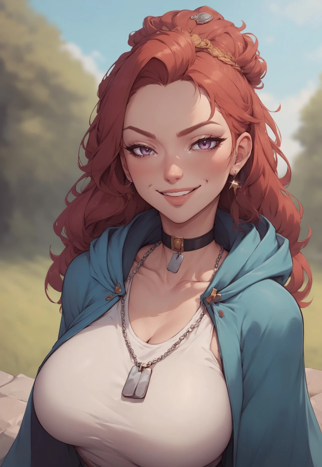 score_9, score_8_up, score_7_up, score_6_up, source_cartoon, rating_explicit, (((High Resolution, Best Quality))),
1girl, female, solo, portrait, face closeup,
red hair, long hair, eye contact, smile,
looking at viewer, outdoors, blurred background,
beautiful, regal, clothing, blue cloak, gold inlay, earrings,
large breasts, choker, dog tags, ear piece,
seducing, seductive, flirty, tender, loving, playful, looking at viewer, smug,