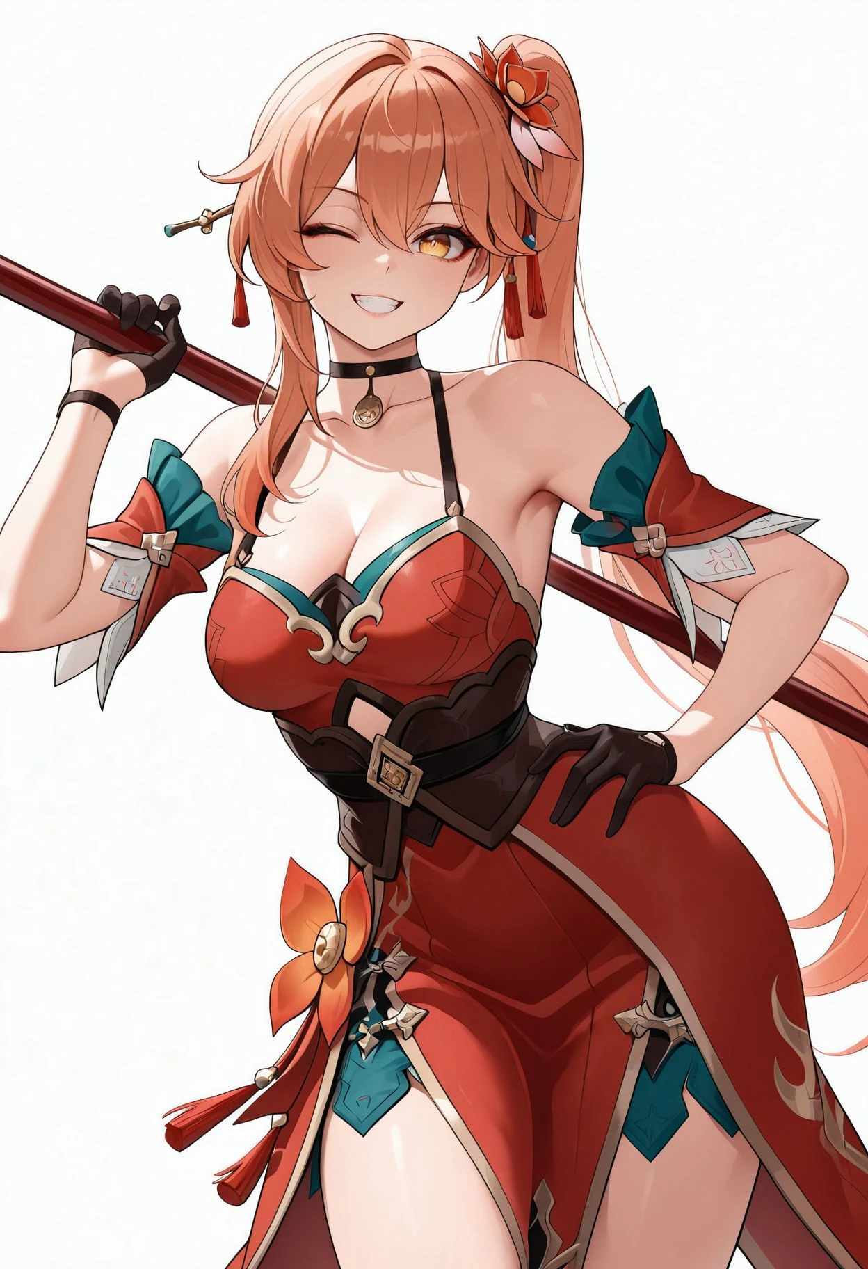 masterpiece,best quality,amazing quality, absurdres, <lora:guinaifen_HSR_ilxl_goofy:1> guinaifen, 1girl, bare shoulders, black choker, black gloves, breasts, brown hair, choker, cleavage, collarbone, dress, flower, gloves, grin, hair between eyes, hair flower, hair ornament, half gloves, hand on own hip, holding, holding polearm, holding weapon, long hair, looking at viewer, medium breasts, one eye closed, polearm, red dress, red flower, side ponytail, simple background, smile, solo, standing, very long hair, weapon, white background, yellow eyes
