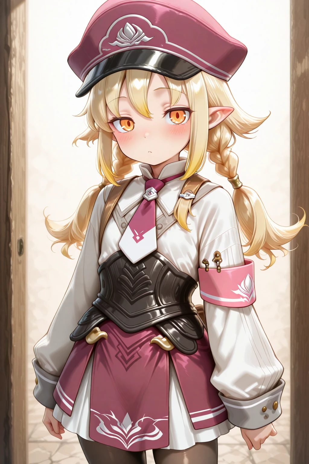 masterpiece, best quality, amazing quality, 1girl, solo, makeup, general, looking at viewer, blush, highres, cowboy shot, <lora:RF5_Livia_v1_1:1>, RF5_Livia_v1_1, blonde hair, long hair, multicolored hair, twin braids, low twintails, orange eyes, hair between eyes, pointy ears, sidelocks, flat chest, peaked cap, necktie, shirt, long sleeves, pink armband, pantyhose, skirt, bag, jacket, <lora:wai-2Rectified-V140:1>, <lora:illustrious_noobai_epsilon_pred_1_masterpieces_v1:1>