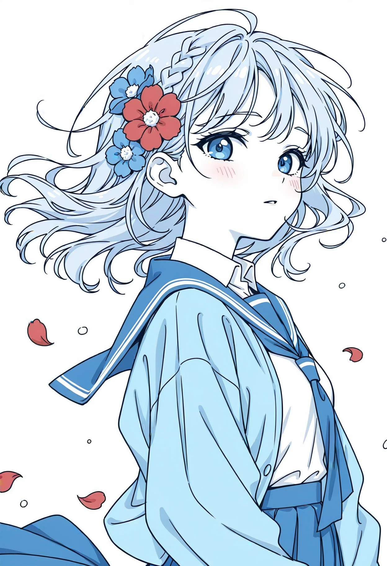 1girl, aqua jacket, blue eyes, blue flower, blue sailor collar, blue theme, blush, braid, cloud, collared shirt, falling petals, floating hair, flower, from side, hair flower, hair ornament, long skirt, looking ahead, looking at viewer, monochrome, portrait, red flower, shirt, shirt tucked in, simple background, sketch, solo, upper body, water drop, white background, white shirt