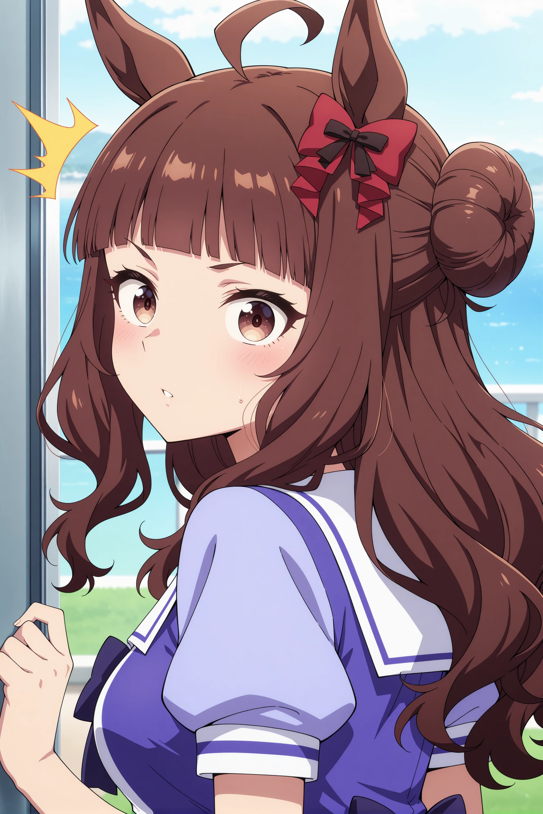 1girl, dynam heroine, umamusume, horse girl, solo,
long hair, ahoge, blunt bangs, brown hair, hair bun, red bow, brown eyes, medium breasts, wavy hair, ear ornament,
<lora:dynamheroine_Illust_v1:0.8>
tracen school uniform, summer uniform,
from side, upper body, looking back, surprised, parted lips,oceans,
(masterpiece, best quality, newest, highres), (anime coloring:1.5), (anime screenshot:1.5)