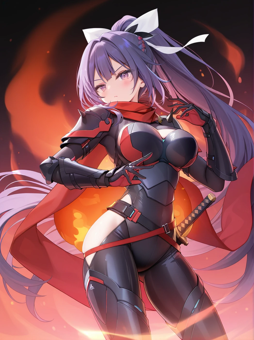 (masterpiece:1.2), (highest quality:1.2), 1girl, solo, purple-hair, long-hair, breasts, armor, cleavage, large-breasts, helmet, open-mouth, smile, boots, purple-eyes, gauntlets, very-long-hair, thighhighs, blue-eyes, full-body, red-armor, looking-at-viewer, blush, thigh-boots, simple-background, armored-boots,
