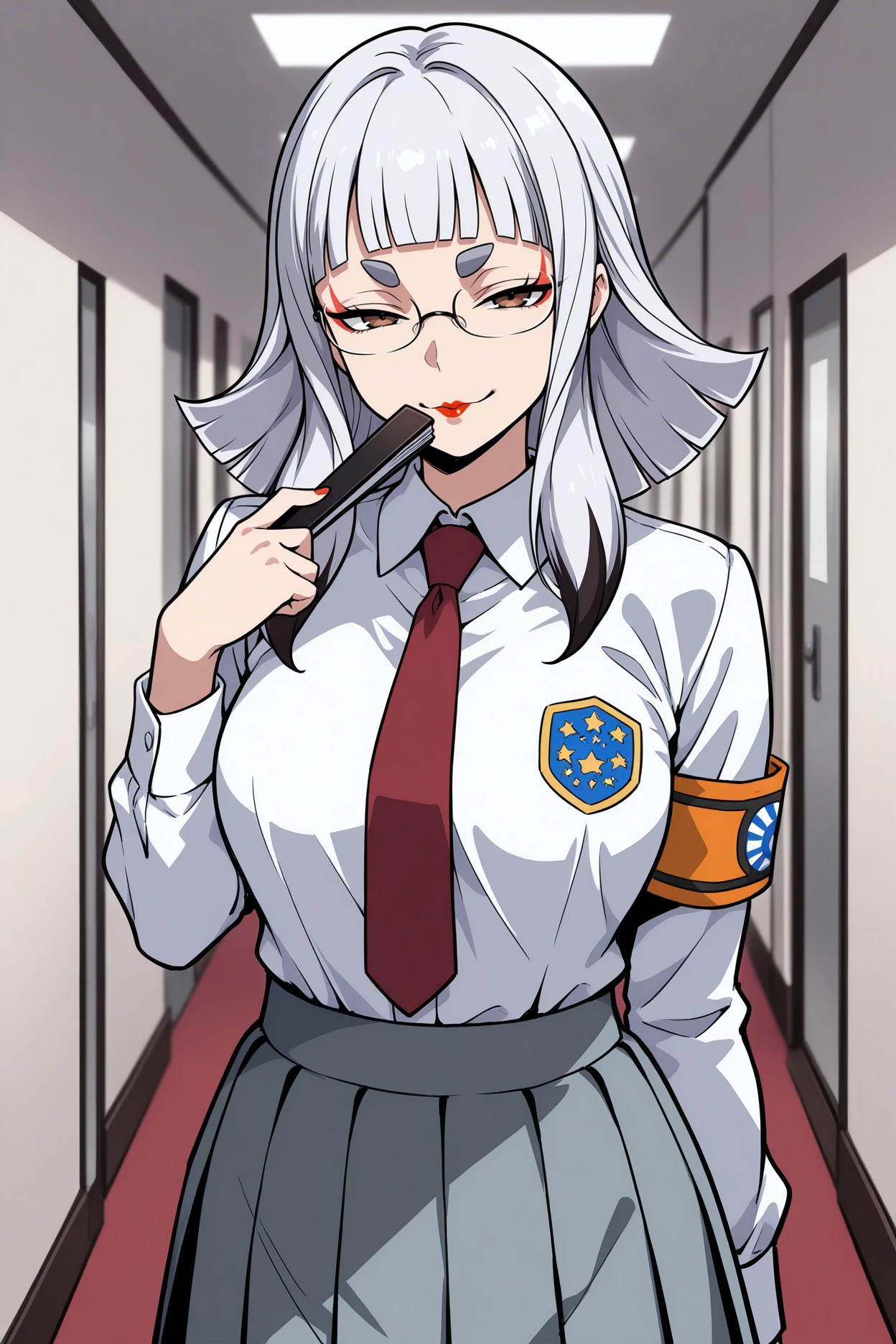 masterpiece, best quality, 1girl, solo, <lora:cartaissue-illu-nvwls-v1-000007:1> carta, medium hair, multicolored hair, white hair, blunt bangs, sidelocks, thick eyebrows, brown eyes, red lipstick, eyeshadow, white shirt, dress shirt, grey skirt, pleated skirt, red necktie, holding folding fan, hand up, smug, smirk, hallway, looking at viewer, glasses, armband