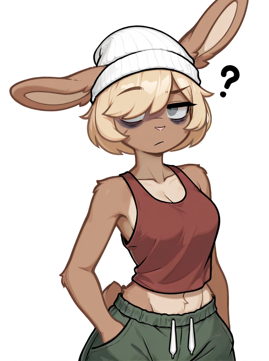 digital media \(artwork\), (masterpiece, high quality, best quality, 8k uhd, absurd res, very aesthetic, newest), <lora:Moody-Illus:0.7> lagomorph, anthro, blonde hairr, tan body, brown fur, short hair, hair over eye, grey eye, red tanktop, green shorts, white beanie, bored expression, eye bags