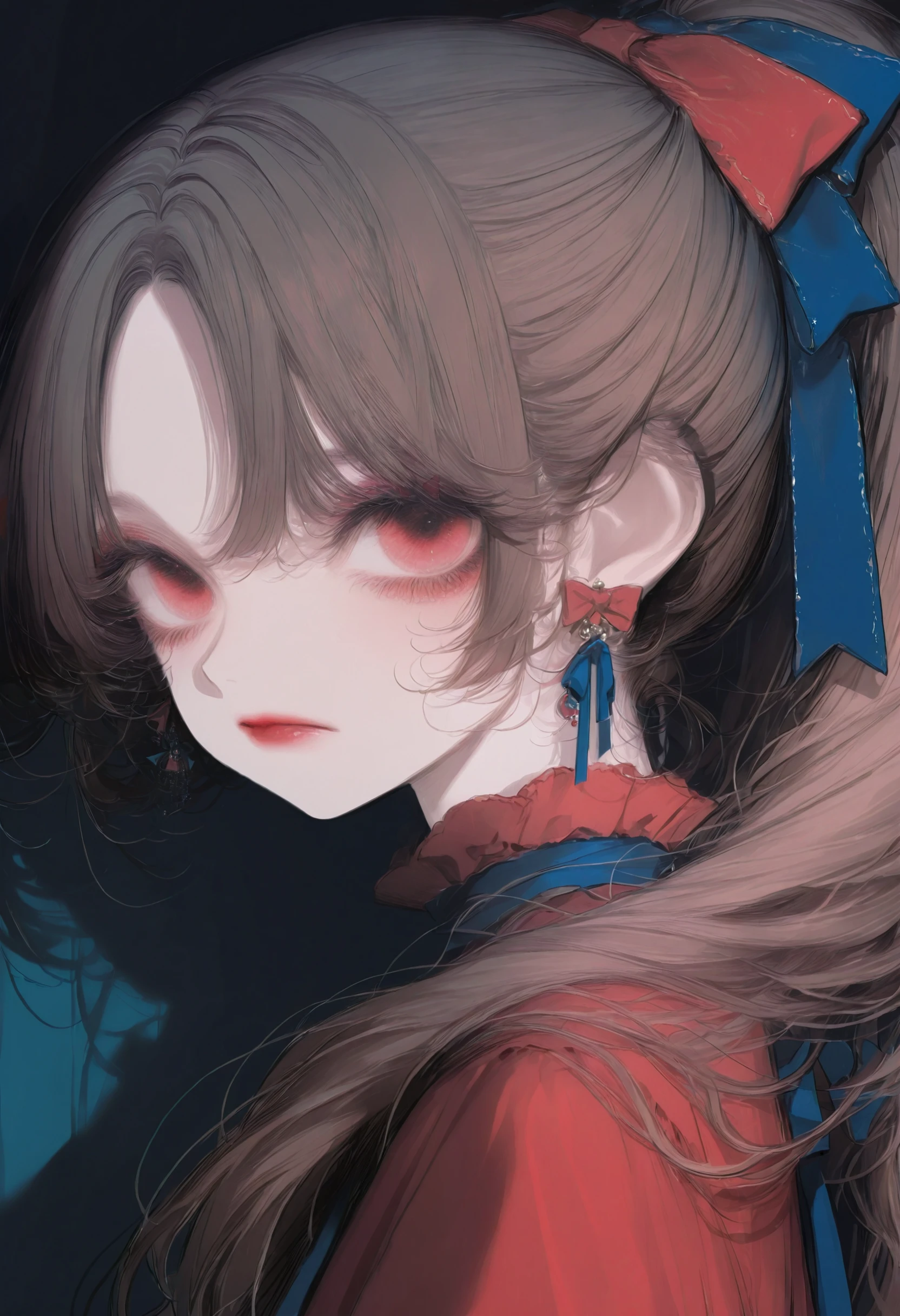<lora:bmEybWVndV9f-illustriousXL_v01_V5-CAME-000035>, 1girl, solo, earrings, jewelry, looking at viewer, red eyes, long hair, ponytail, brown hair, ribbon, red lips, blurry, portrait, bow, blurry background, red bow, closed mouth, hair bow, hair ribbon, parted bangs, shadow, makeup, from side, blue ribbon