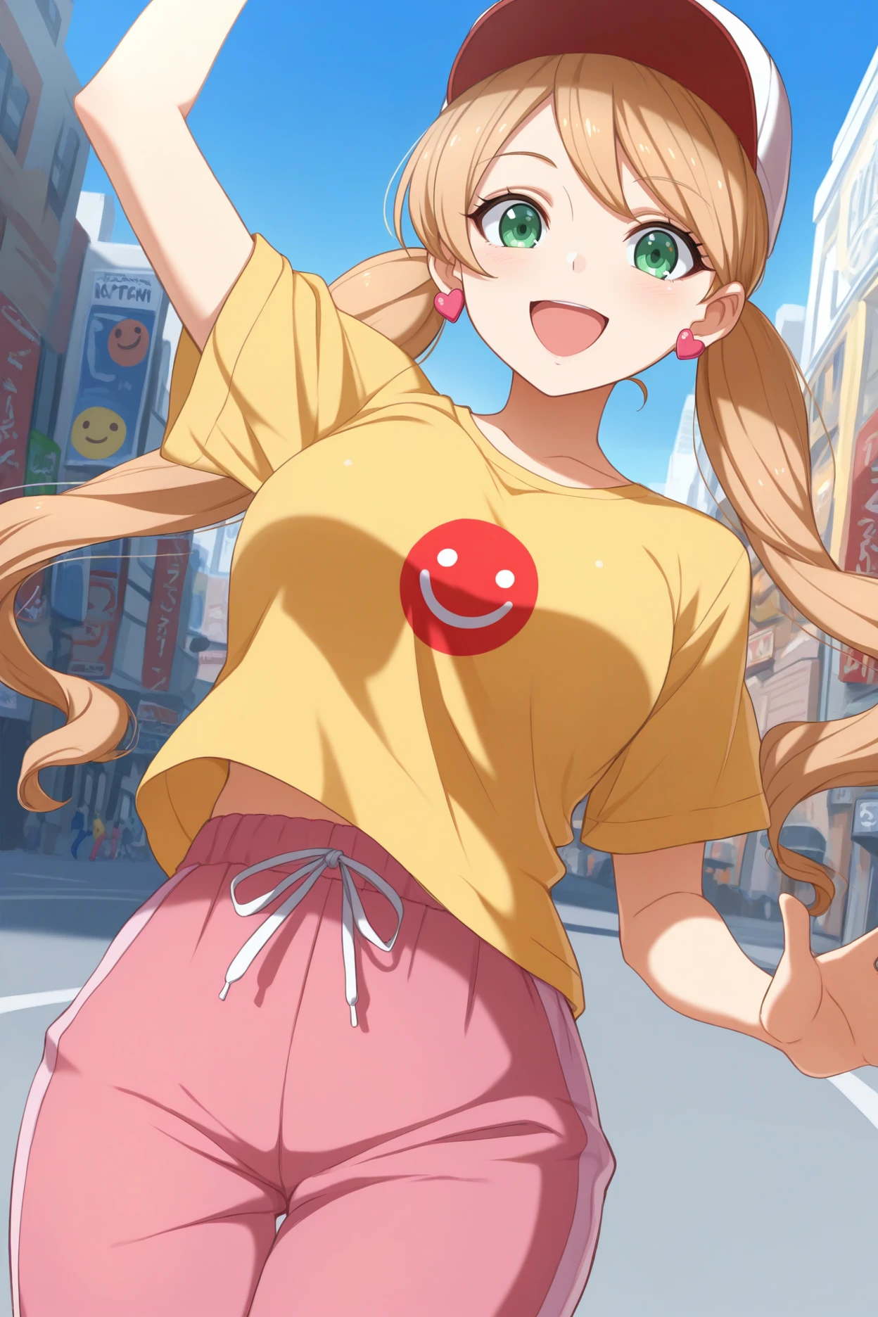 masterpiece, best quality, 1girl, solo, <lora:lafterfrankland-illu-nvwls-v1-000007:1> lftrfld, low twintails, light brown hair, long hair, green eyes, breasts, heart earrings, yellow t-shirt, smiley face print, baseball cap, pink pants, track pants, happy, arm up, waving, city street, blue sky, looking at viewer