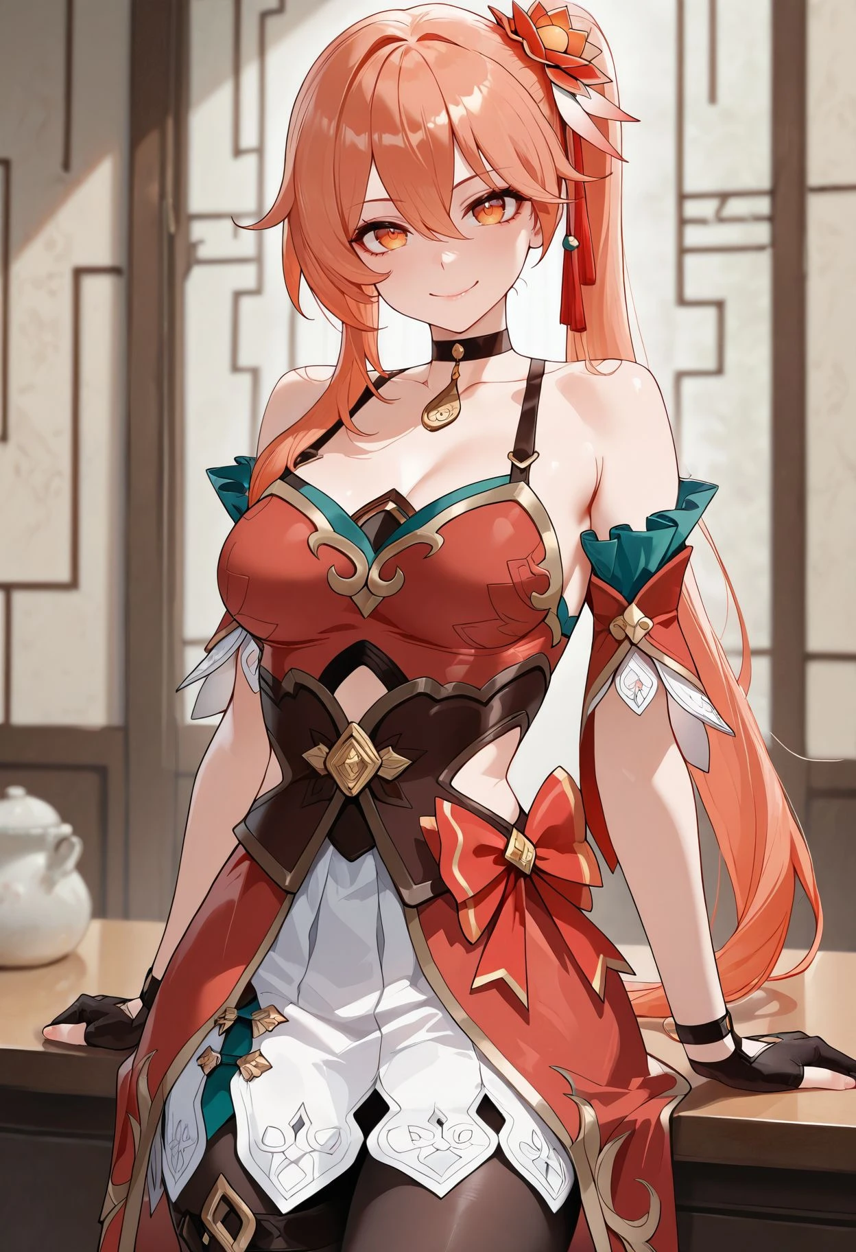 masterpiece,best quality,amazing quality, absurdres, <lora:guinaifen_HSR_ilxl_goofy:1> guinaifen, 1girl, black pantyhose, smile, black gloves, medium breasts, looking at viewer, bare shoulders, red dress, partially fingerless gloves, choker, hair between eyes, closed mouth, short sleeves