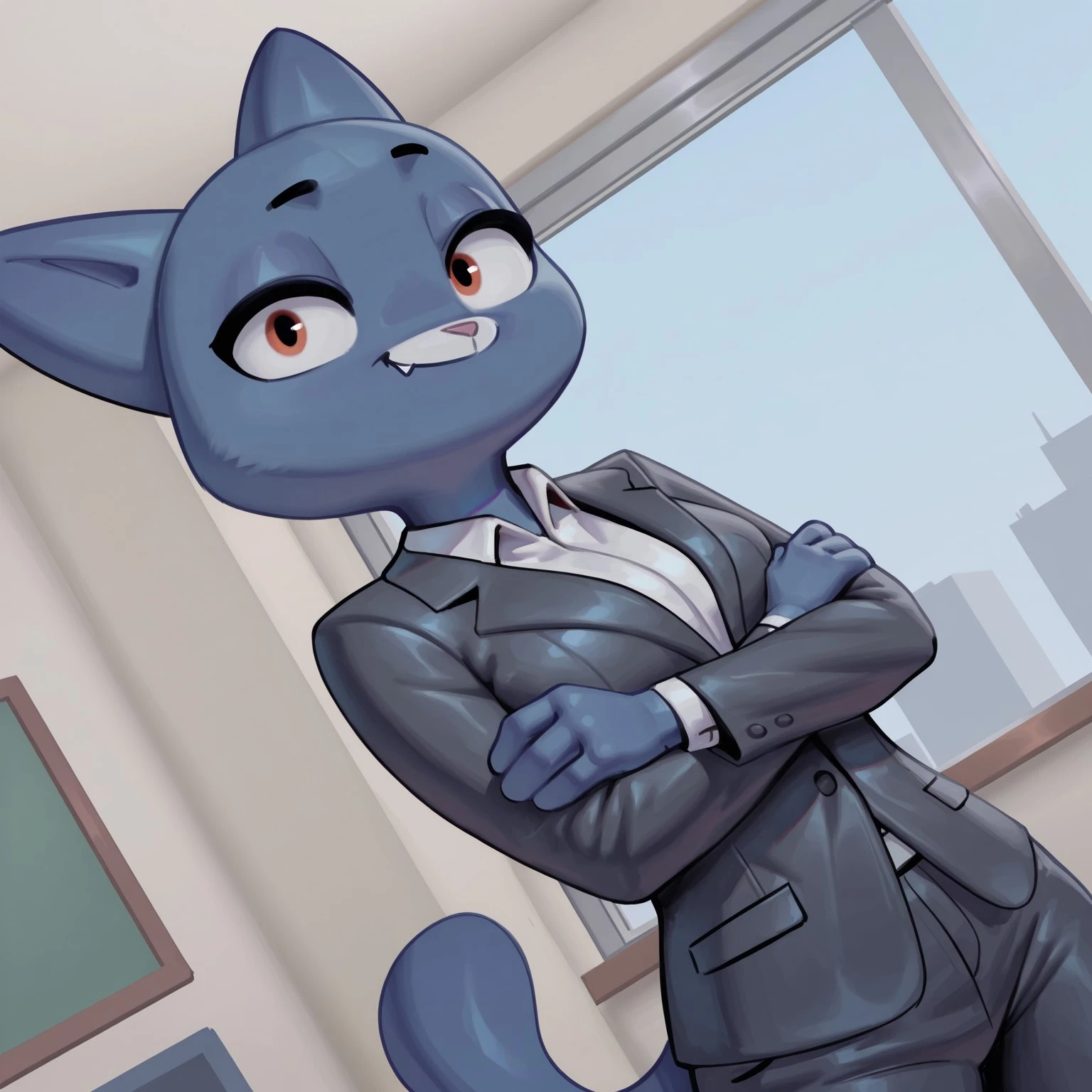 uncensored, masterpiece, best quality, highly detailed, 1girl, solo, NicoleQS, female furry, anthro, feline, cat, black eyebrows, orange eyes, black pupils, pink nose, white fang, blue body, blue tail, black suit, white dress shirt, black pants, upper body, standing, smile, closed mouth, looking at viewer, (indoors, office, window, blue sky), detailed background, high-angle view, dutch angle, 4 fingers, arms crossed