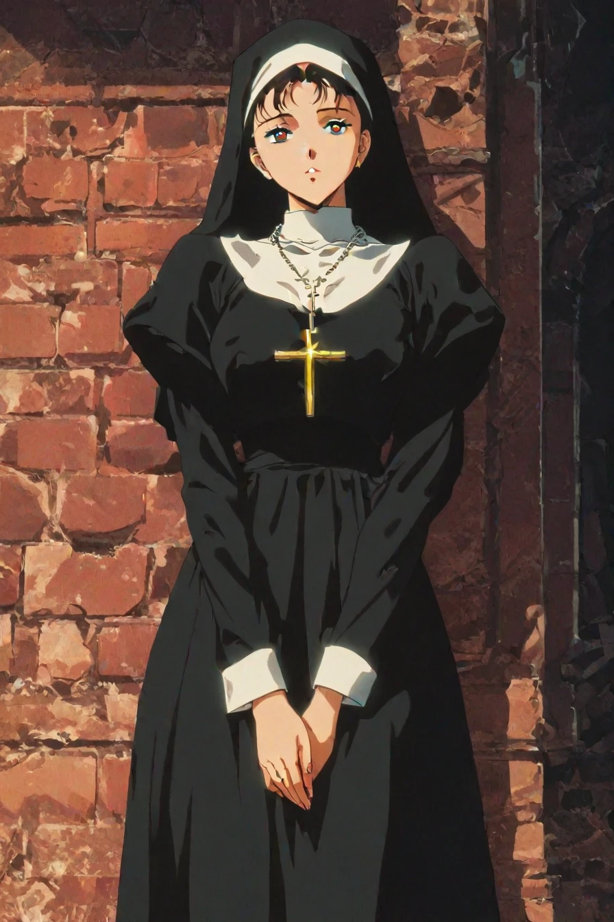 1girl, solo, alone, nun, cross necklace, retro_neo_cyberpunk, masterpiece, highres