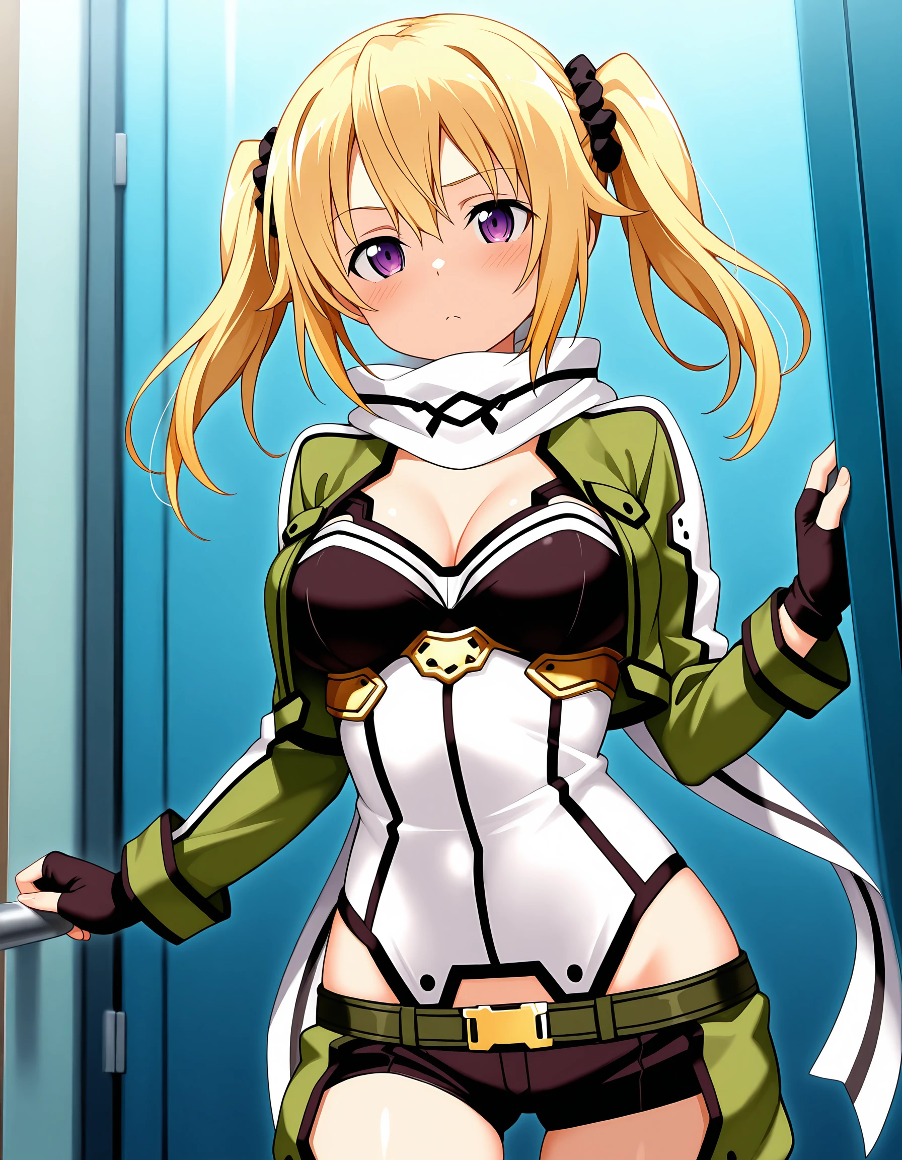 anime art style, masterpiece, best quality, very aesthetic, absurdres, dynamic shadows, atmosferic, marcilledonato, ((1girl)), blonde hair, long hair, parted bangs, green eyes, detailed eyes, bright pupils, pointy ears, curvy body, large breasts, sexy, ((futuristic clothes)), white hoodie, gun, short sleeves, thighhigh boots, borrowed, embarrased, intense blush, ((cowboy shot)), (from front), (floating), (tavern), (looking at viewer:1.0)
