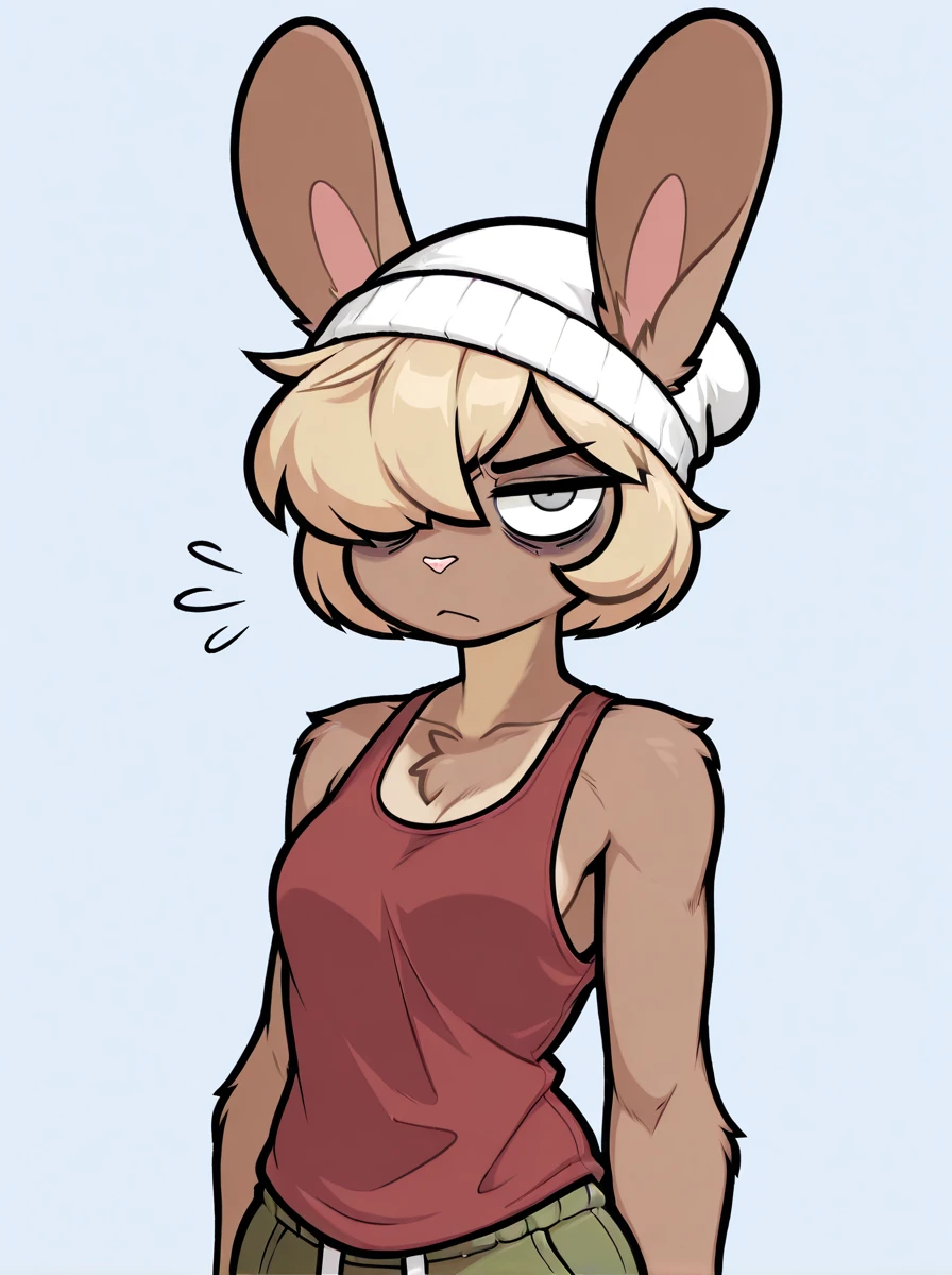 digital media \(artwork\), (masterpiece, high quality, best quality, 8k uhd, absurd res, very aesthetic, newest), <lora:Moody-Illus:0.7> lagomorph, anthro, blonde hairr, tan body, brown fur, short hair, hair over eye, grey eye, red tanktop, green shorts, white beanie, bored expression, eye bags