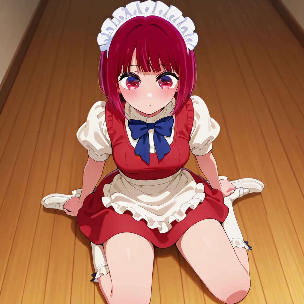 A land where nothing makes sense and everything is out of place, masterpiece, best quality, amazing quality, newest, <lora:ClassicMaidV1.0_illustrious:0.9>,1girl,classicmaid_cos,white shirt,short dress,red dress, maid headdress ,puffy short sleeves,maid ,blue bowtie,apron,frilled socks ,white socks, white footwear,, <lora:kana-arima-s1s2-illustriousxl-lora-nochekaiser:1>,kana arima, arima kana, short hair, bangs, red eyes, red hair, bob cut, mature female, medium breasts, anime screencap