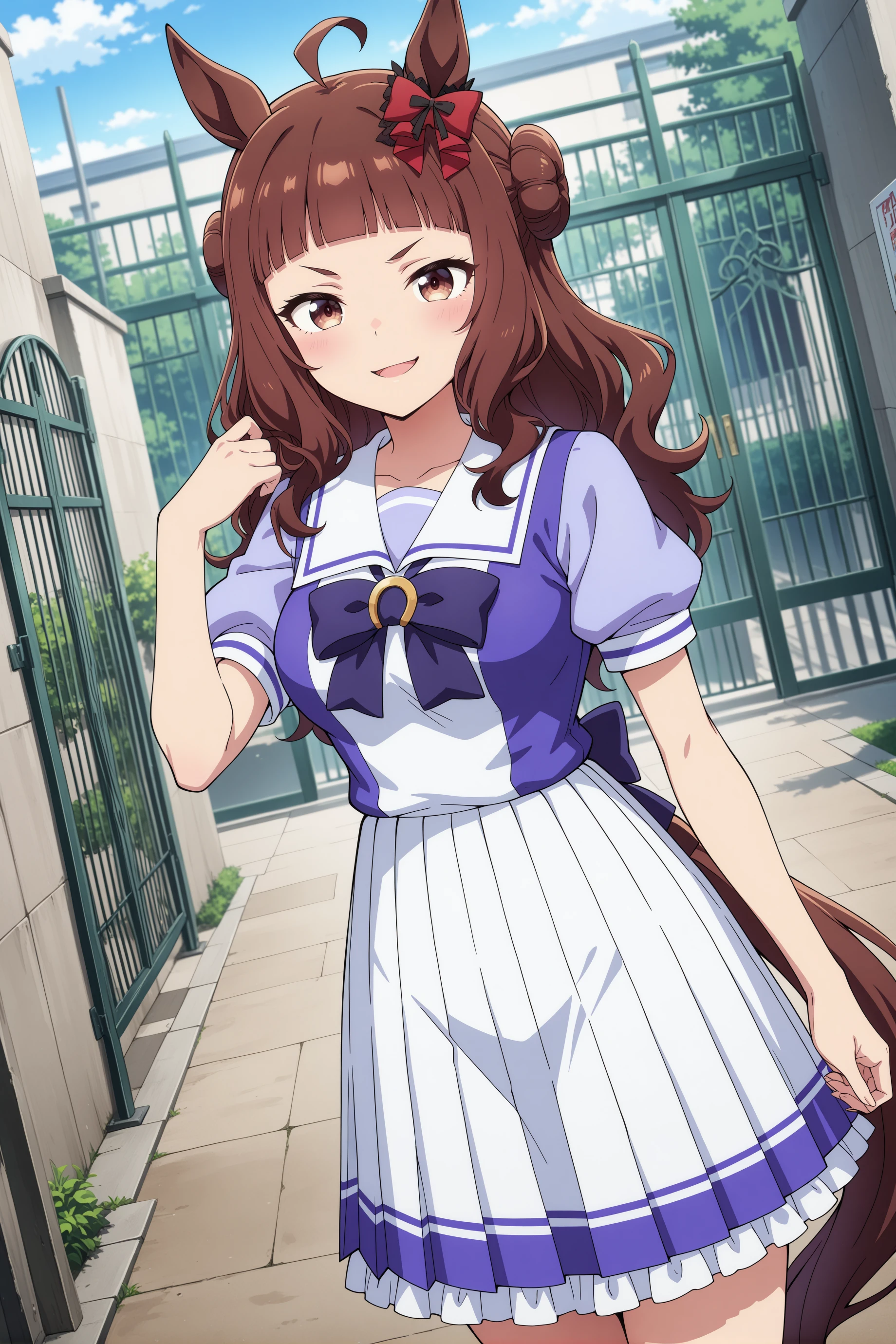 1girl, dynam heroine, umamusume, horse girl, solo,
long hair, ahoge, blunt bangs, brown hair, hair bun, red bow, brown eyes, medium breasts, wavy hair, ear ornament,
<lora:dynamheroine_Illust_v1:0.8>
tracen school uniform, summer uniform,
dutch angle, panorama shot, looking at viewer, smirk, open mouth,gate,
(masterpiece, best quality, newest, highres), (anime coloring:1.5), (anime screenshot:1.5)