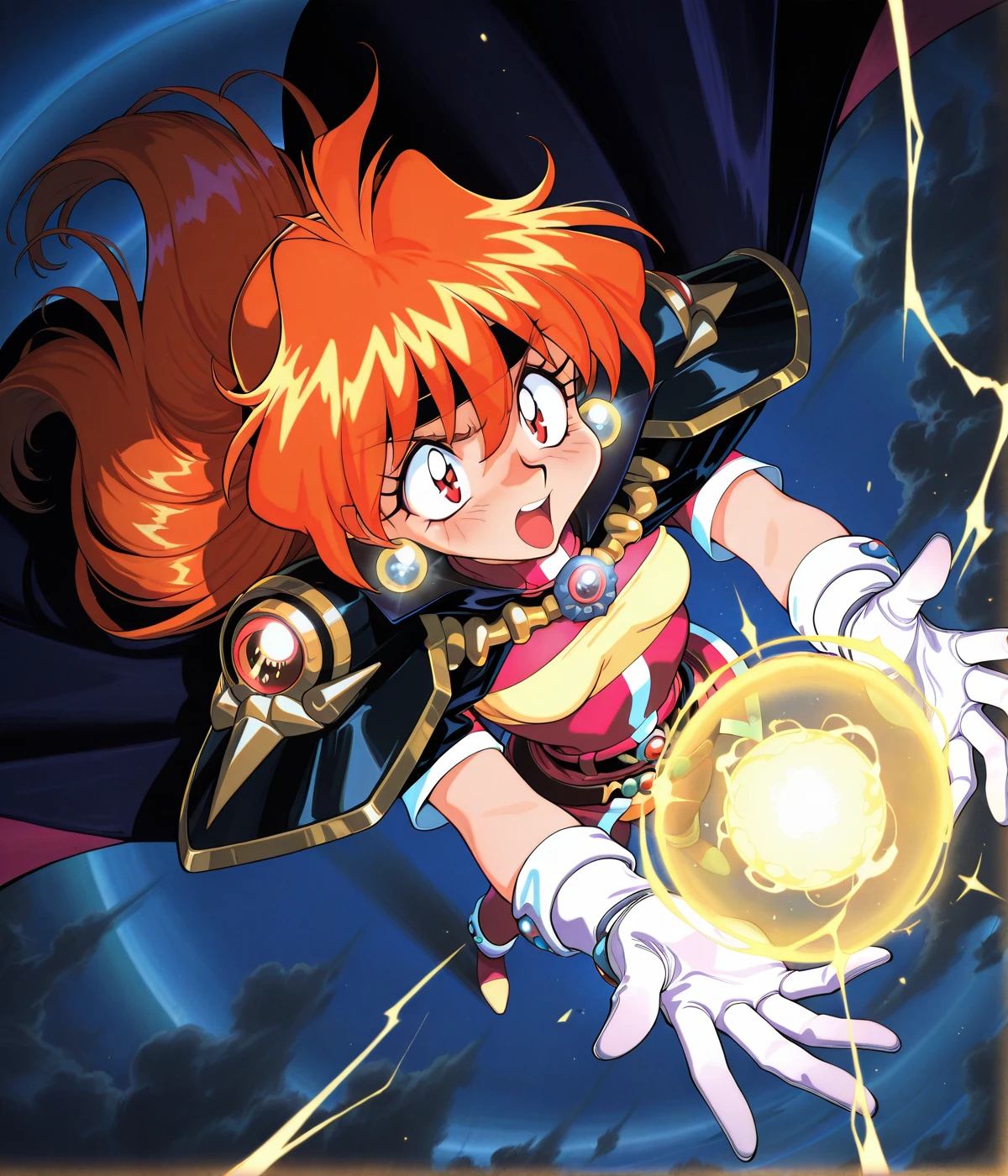masterwork, masterpiece, highres, very aesthetic, absurdres, 8k, uhd, high detailed face, absolutly gorgeous, high detailed eyes, perfect eyes, dynamic light, dynamic angle, <lora:Slayers-Artstyle:1>, Sl4y3rs-Style, 1girl, solo, long hair, open mouth, gloves, white gloves, orange hair, small , cape, armor, headband, shoulder armor, pauldrons, magic, black headband, energy ball, cloud, 1990s (style), retro artstyle, lina inverse, masterpiece, best quality, amazing quality, masterwork, cinematic light, harsh shadows, light and shadows, perfect composition
