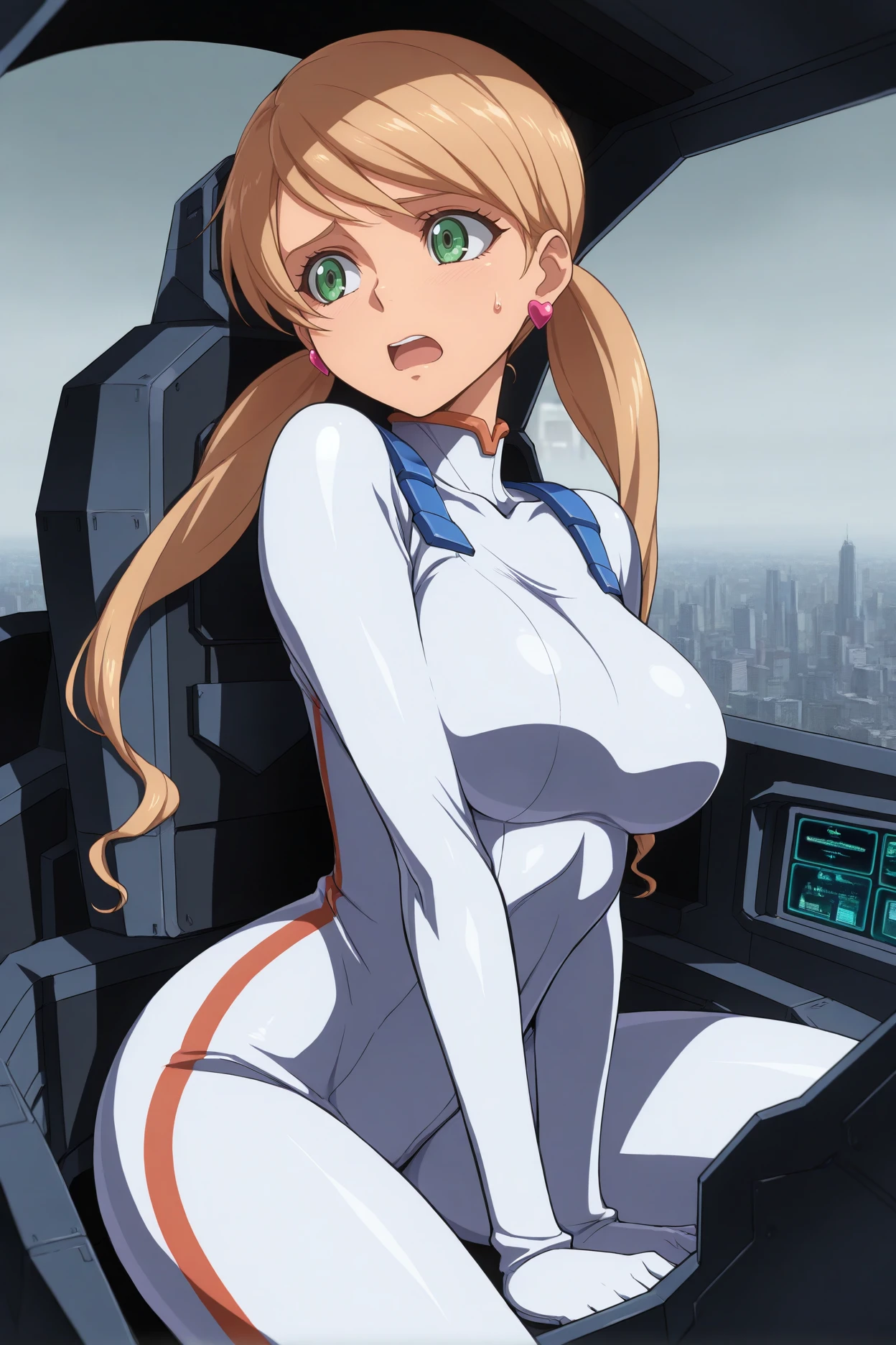 masterpiece, best quality, 1girl, solo, <lora:lafterfrankland-illu-nvwls-v1-000007:1> lftrfld, low twintails, light brown hair, long hair, green eyes, big breasts, heart earrings, white bodysuit, sitting, cockpit, pilot suit, looking to the side, worried, open mouth, sweatdrop, cityscape, grey sky