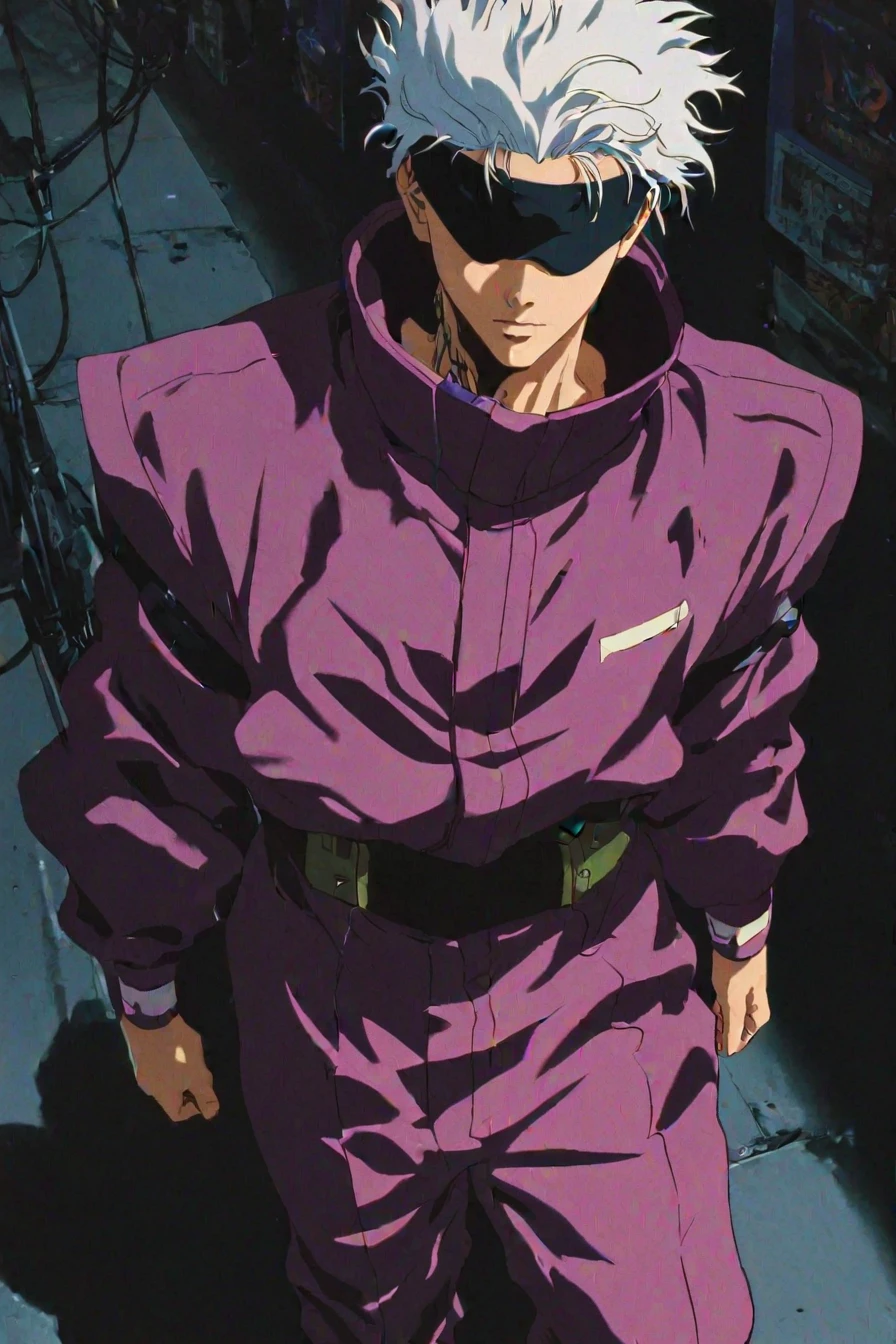 gojou satoru, white hair, purple pants, high collar, blindfold, covered eyes, black blindfold, purple jacket, purple pants, 1boy, solo, alone, retro_neo_cyberpunk, masterpiece, highres