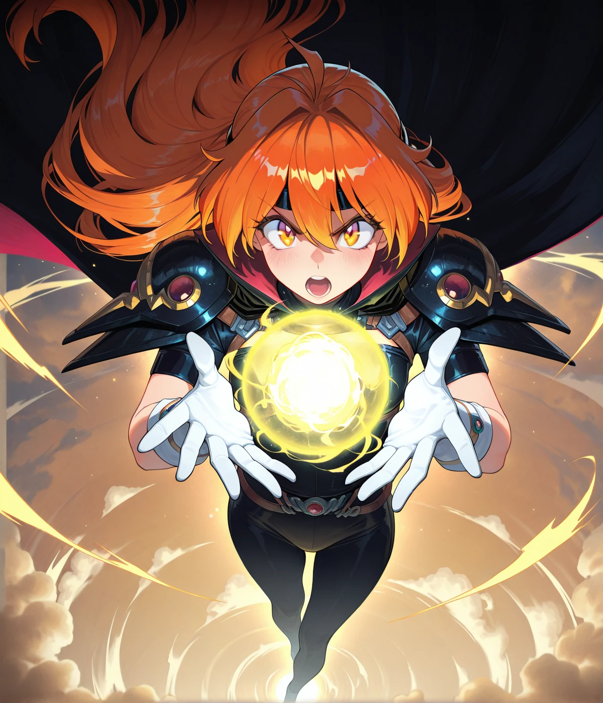 masterwork, masterpiece, highres, very aesthetic, absurdres, 8k, uhd, high detailed face, absolutly gorgeous, high detailed eyes, perfect eyes, dynamic light, dynamic angle, <lora:Slayers-Artstyle:1>, Sl4y3rs-Style, 1girl, solo, long hair, open mouth, gloves, white gloves, orange hair, small , cape, armor, headband, shoulder armor, pauldrons, magic, black headband, energy ball, cloud, masterpiece, best quality, amazing quality, masterwork, cinematic light, harsh shadows, light and shadows, perfect composition