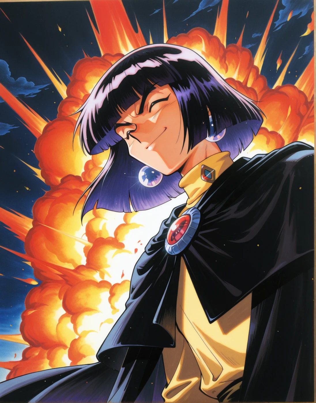 masterwork, masterpiece, highres, absurdres, 8k, uhd, high detailed face, absolutly gorgeous, very aesthetic, high detailed eyes, perfect eyes, dynamic light, dynamic angle, depth of field, <lora:Slayers-Artstyle:1>, sl4y3rs-style, closed eyes, ^ ^, v-shaped eyebrows, solo, jewelry, fire, earrings, 1boy, purple hair, short hair, flame, closed mouth, long sleeves, upper body, bangs, dress, gem, smile, cloud, high collar, black hair, brooch, black cape, yellow shirt, bob cut, explosion background, male focus, traditional media, 1990s (styles), retro artstyle, xellos, masterpiece, best quality, amazing quality, masterwork, cinematic light, harsh shadows, light and shadows, perfect composition