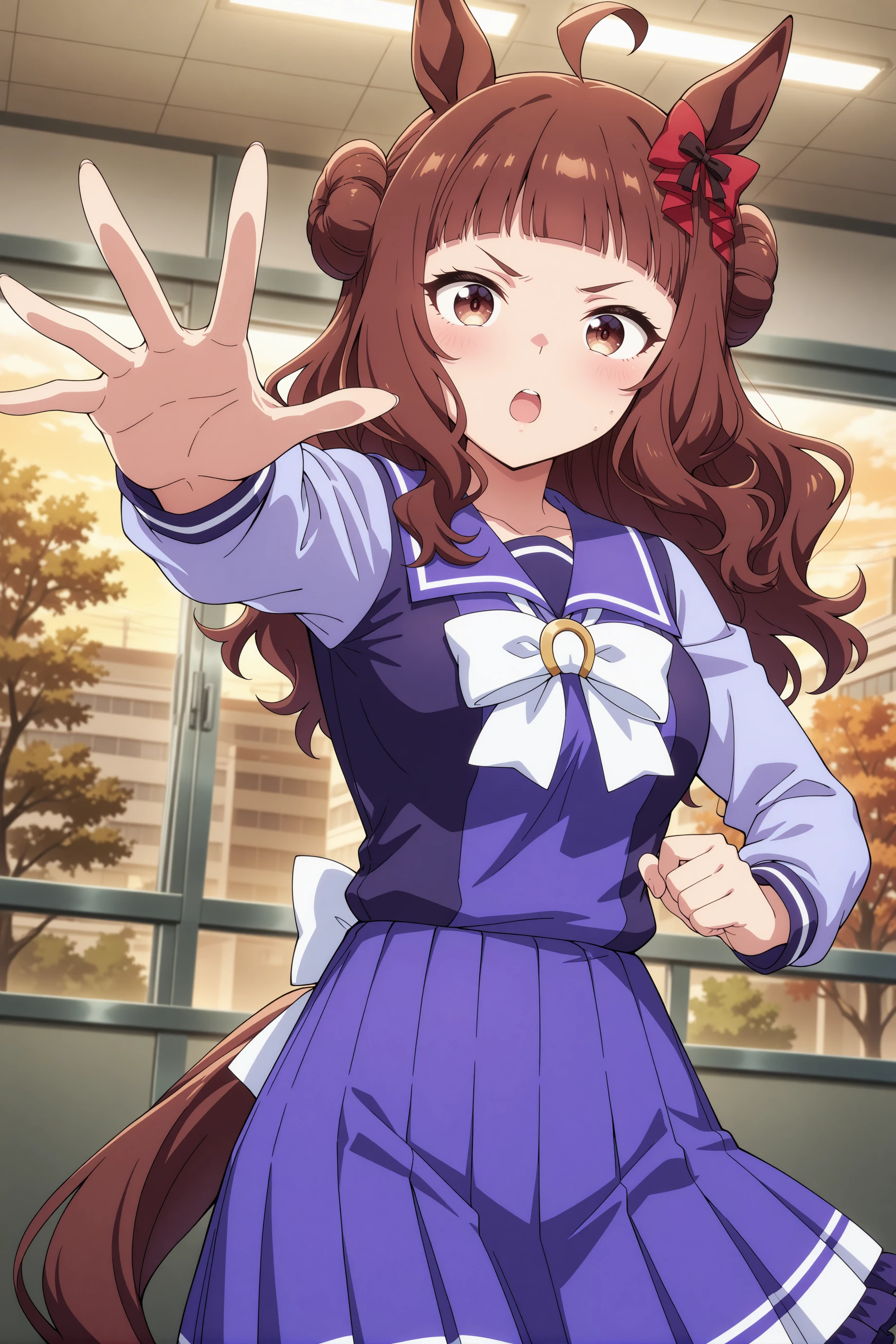 1girl, dynam heroine, umamusume, horse girl, solo,
long hair, ahoge, blunt bangs, brown hair, hair bun, red bow, brown eyes, medium breasts, wavy hair, ear ornament,
<lora:dynamheroine_Illust_v1:0.8>
tracen school uniform, winter uniform,
dutch angle, cowboy shot, looking at viewer, pain, open mouth,Seoul city,
(masterpiece, best quality, newest, highres), (anime coloring:1.5), (anime screenshot:1.5)