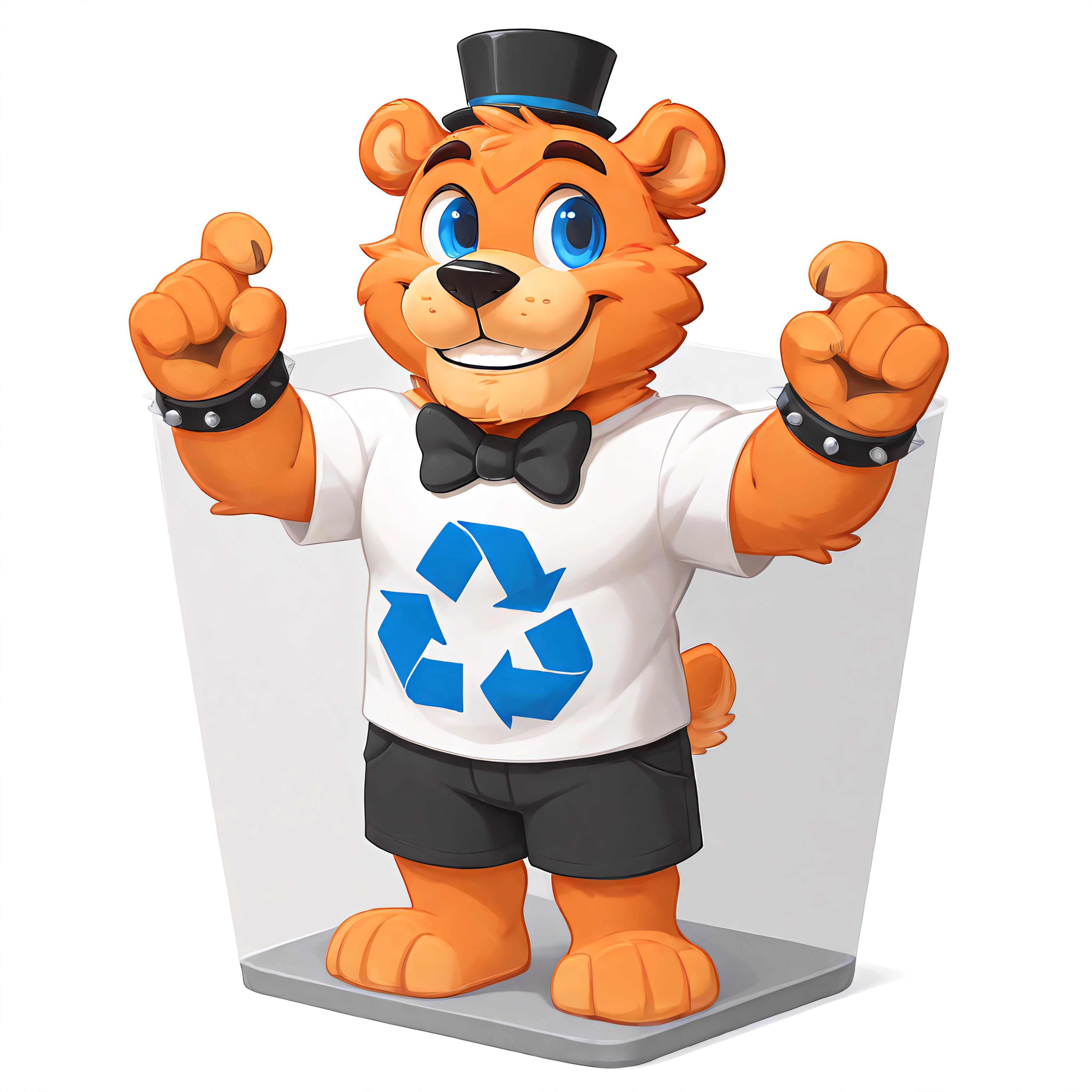 <lora:bigfreddy_Illustrious-10:1.0> (2024, best quality, masterpiece), cute, bigfreddy, blue eyes, black pupils, (face focus), mini black hat, furry, 1boy, male, (black bowtie, black shorts), t-shirt, ((adult male)), spiked arm bracelets, kind smile, bear face, white teeth, sharp image, muscular, muscular male, ## no humans, character, male focus, ## handsome face:1.5, no humans, ## uploaded on e621, (uploaded on e621 ## detailed face, (detailed face), detailed ears, detailed clothing, detailed body, (detailed body), detailed hair, detailed background ## <lora:recycle_bin-il:1> mikus-concept, chibi, white background, container, arms up, recycle bin, eaning forward, holding edge, inside container, , , , , , , ,