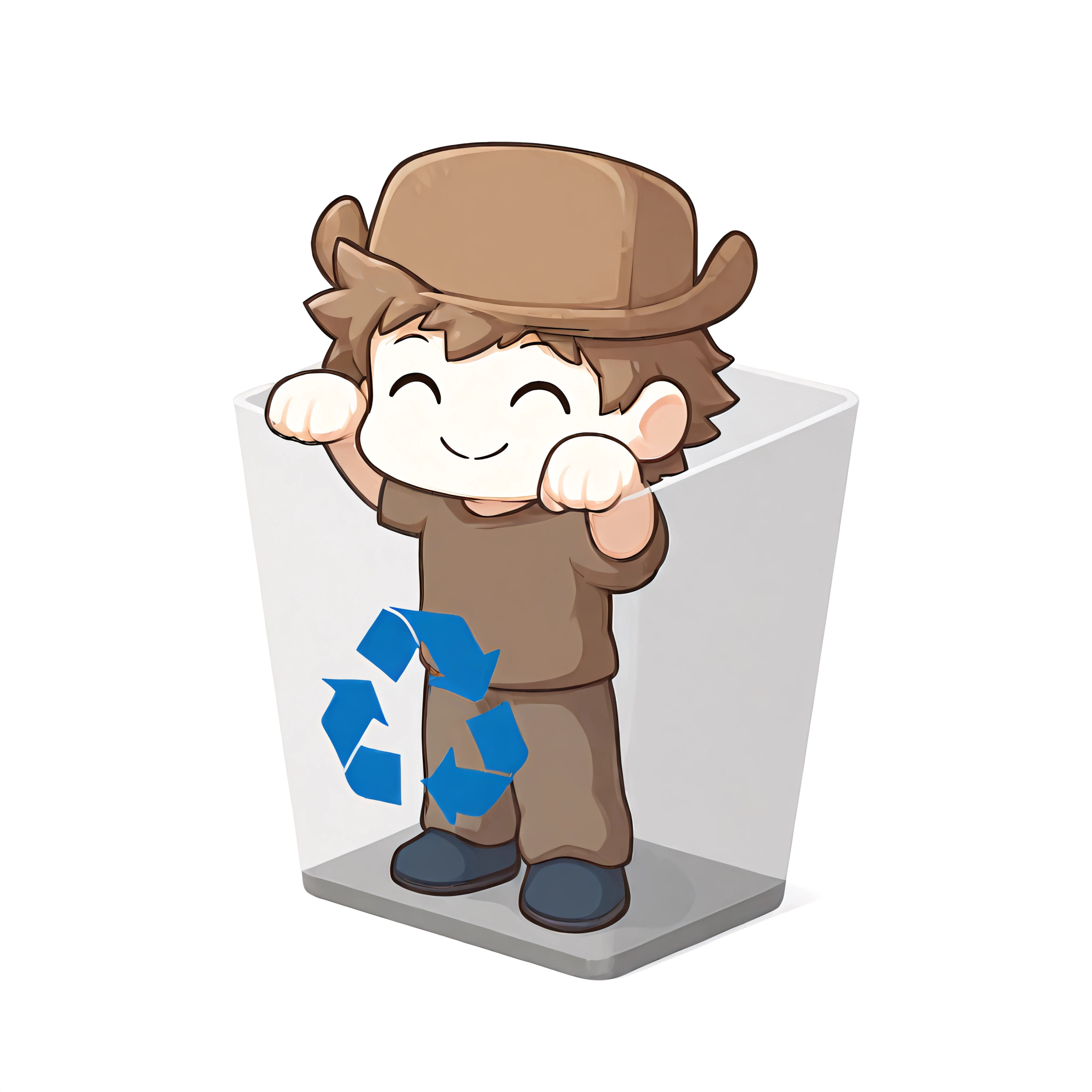 (2024, best quality, masterpiece), <lora:myOC_Illustrious_Mlaofmd-10>, 1boy, mlao, brown hat, brown hair, white skin, brown shirt, brown pants, blue shoes,, ## sharp image, ## handsome face:1.5, no humans, ## uploaded on e621, (uploaded on e621) ## detailed face, (detailed face), detailed ears, detailed clothing, detailed body, (detailed body), detailed hair, detailed background ## <lora:recycle_bin-il:1> mikus-concept, chibi, white background, container, arms up, recycle bin, eaning forward, holding edge, inside container, , , , , , , ,