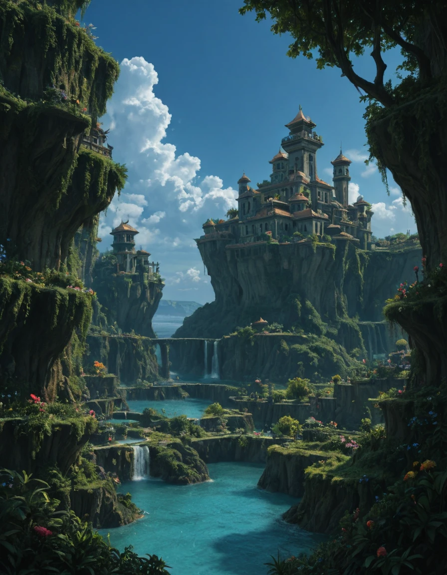 <lora:SWM-TY03ill:1> fortified town, rich detailed sky, blue sky, vegetation, flowers, blue sea, multi levels, summer day,