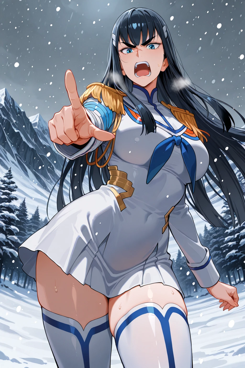 masterpiece, best quality, very aesthetic, absurdres, newest,1girl, masturbating, hand on genitalia ,tear in eyes,,embarrassed, ,kanu_unchou(ikkitousen),antenna_hair, black_hair, blue_eyes, blue_sailor_collar, blue_skirt, breasts, closed_mouth, crop_top, cropped_shirt, fingerless_gloves, gloves, hair_over_one_eye, large_breasts, long_hair, low-tied_long_hair, midriff, miniskirt, navel, red_gloves, ribbon, sailor_collar, skirt, solo,tan, underboob, weapon, yellow_ribbon,,snow land