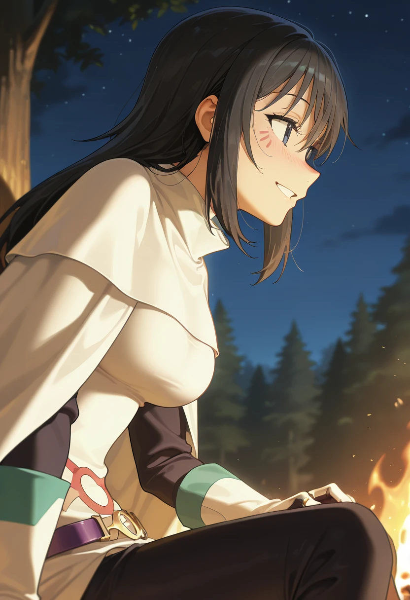 masterpiece, best quality, amazing quality, very aesthetic, absurdres, newest, scenery,
EBShizue, 1girl, solo, long hair, black hair, hair between eyes, medium breasts, parted lips, black eyes, facial mark, straight hair,
long sleeves, white shirt, white gloves, fingerless gloves, black pants, white cape, loose belt, purple belt, black gloves,
forest, night sky, upper body, close-up, smile, nose blush, happy, grin, looking away, sitting, from side, side view, campfire,
(colorful), masterpiece, best quality, amazing quality, very aesthetic, absurdres, newest, scenery, <lora:IzawaShizueIL-09:1>