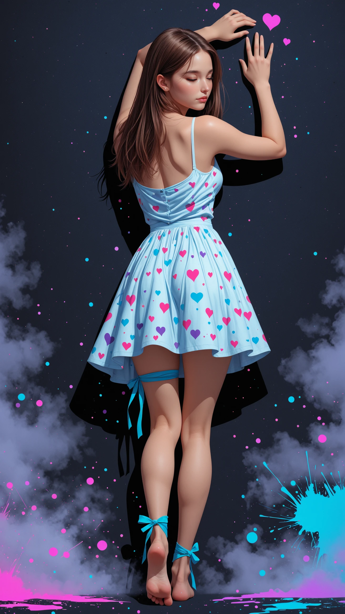 1girl, woman, e-girl, 
absurdres,
one eye closed,one foot up against wall,
back view,
neon, complementary colors, dark_background, simple background, blue_mist, fog, fog, front particles,
sundress, polkadot, thighribbon, romantic, casual, modern, vibrant splashes, color splatter, heart pattern background
