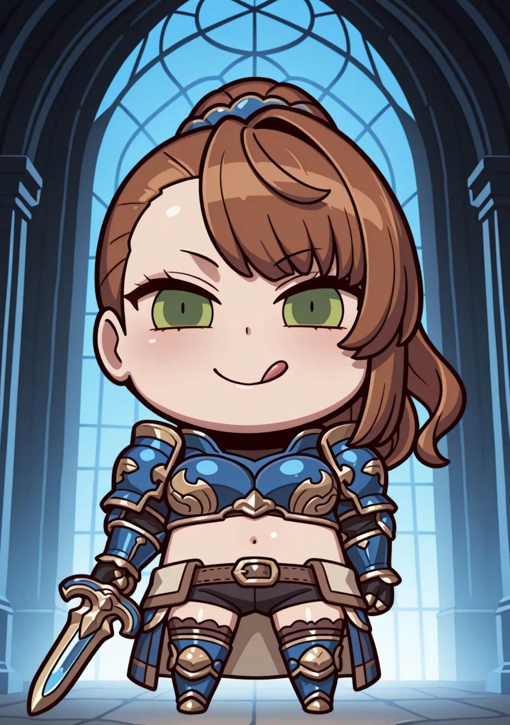 masterpiece, best quality, absurdres, perfect lighting,shiny skin,1girl,large breasts,beatrix,brown hair,long hair,ponytail,asymmetrical bangs,green eyes,<lora:beatrix_dd:1>,hair ornament,blue armor, black shorts,thighhighs,belt, thighs,shoulder armor,midriff,gauntlets,holding weapon,sword,april fools,chibi,<lora:FGO_April_Fool:1>,looking at viewer,smile,licking lips,tehepero,