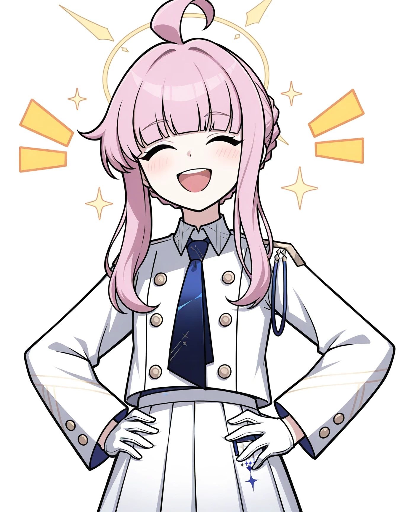 1girl,kaya \(blue archive\),kouya style, solo, ahoge, medium hair, blue necktie, skirt, collared shirt, halo, smile, pink hair, simple background, short hair with long locks, pleated skirt, upper body, shirt, braid, yellow halo, white background, facing viewer, long sleeves, hands on own hips, school uniform, closed eyes, white shirt, medium bangs, gloves, white skirt, miniskirt, braided bun, hair bun, blue shirt, blue bow, flat chest, bow, white gloves, blush, hair bow, open mouth, notice lines, teeth, sparkle, sidelocks, blunt bangs, upper teeth only, necktie