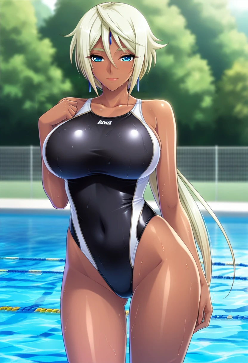1girl, dark skin, dark-skinned female, yellow eyes, looking away, facing away, teacher, breasts, large breasts, thick thighs, from behind, ass, huge ass, ass focus, pool, poolside, standing, white hair, one-piece ssimsuit, competition swimsuit