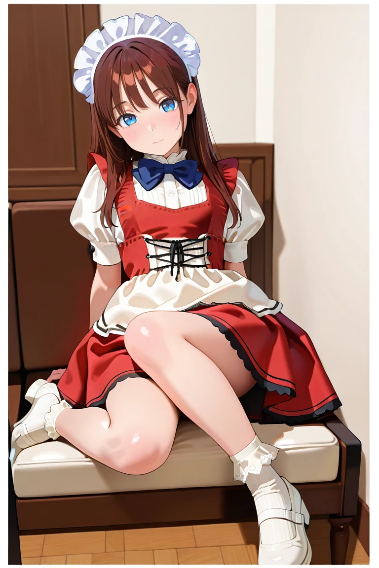 1girl,<lora:ClassicMaidV1.0_illustrious:1>,1girl,classicmaid_cos,white shirt,red dress,short dress, maid headdress ,puffy short sleeves,maid ,blue bowtie,apron,frilled socks ,white socks,white footwear,, masterpiece, best quality, amazing quality, newest