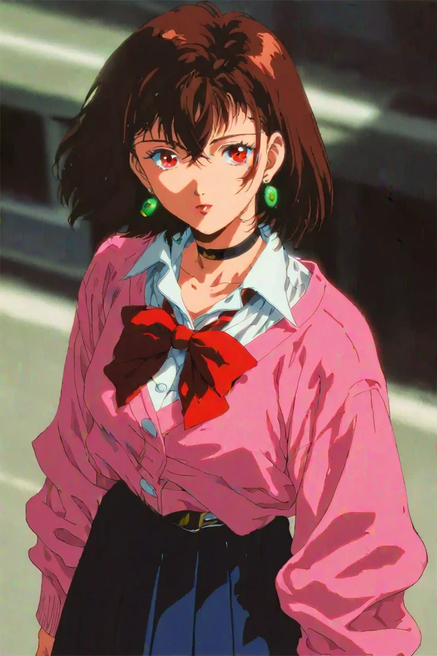 ayase momo, hair between eyes, crossed bangs, green earrings, brown hair, red eyes, black choker, short hair, white shirt, red bowtie,pleated skirt,school uniform, pink cardigan, long sleeves, 1girl, solo, alone, retro_neo_cyberpunk, masterpiece, highres