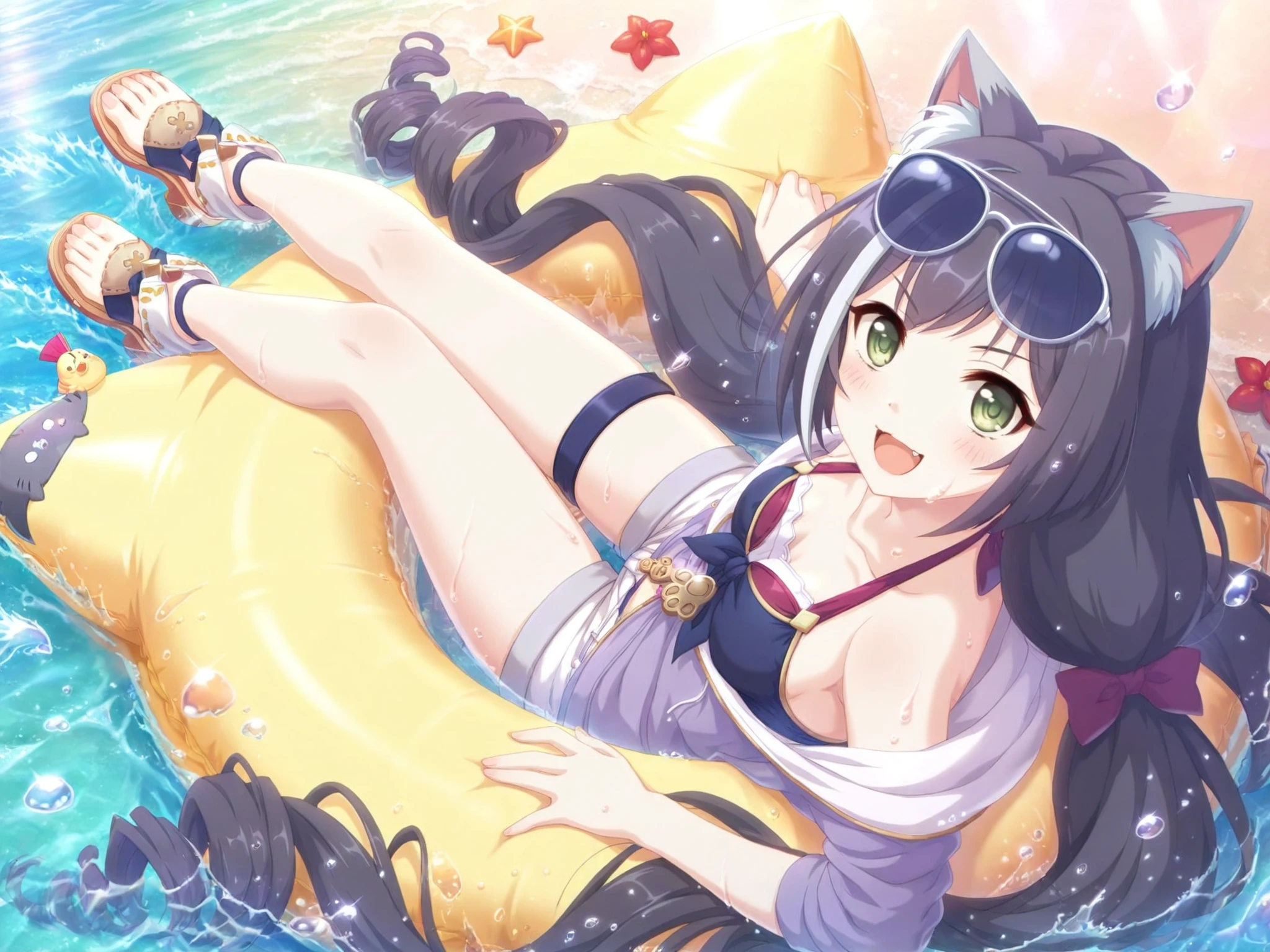(masterpiece, best quality), music, 1 girl, Solitary, Smile, blush, Double braids, Long hair, Blue Hair, Alcohol, Cat ears, blue eyes, (((Bikini))), (((白色Bikini))), Small Breasts, Upper Body, Everlasting, Selfie, Looking at the audience, ocean滩, ocean