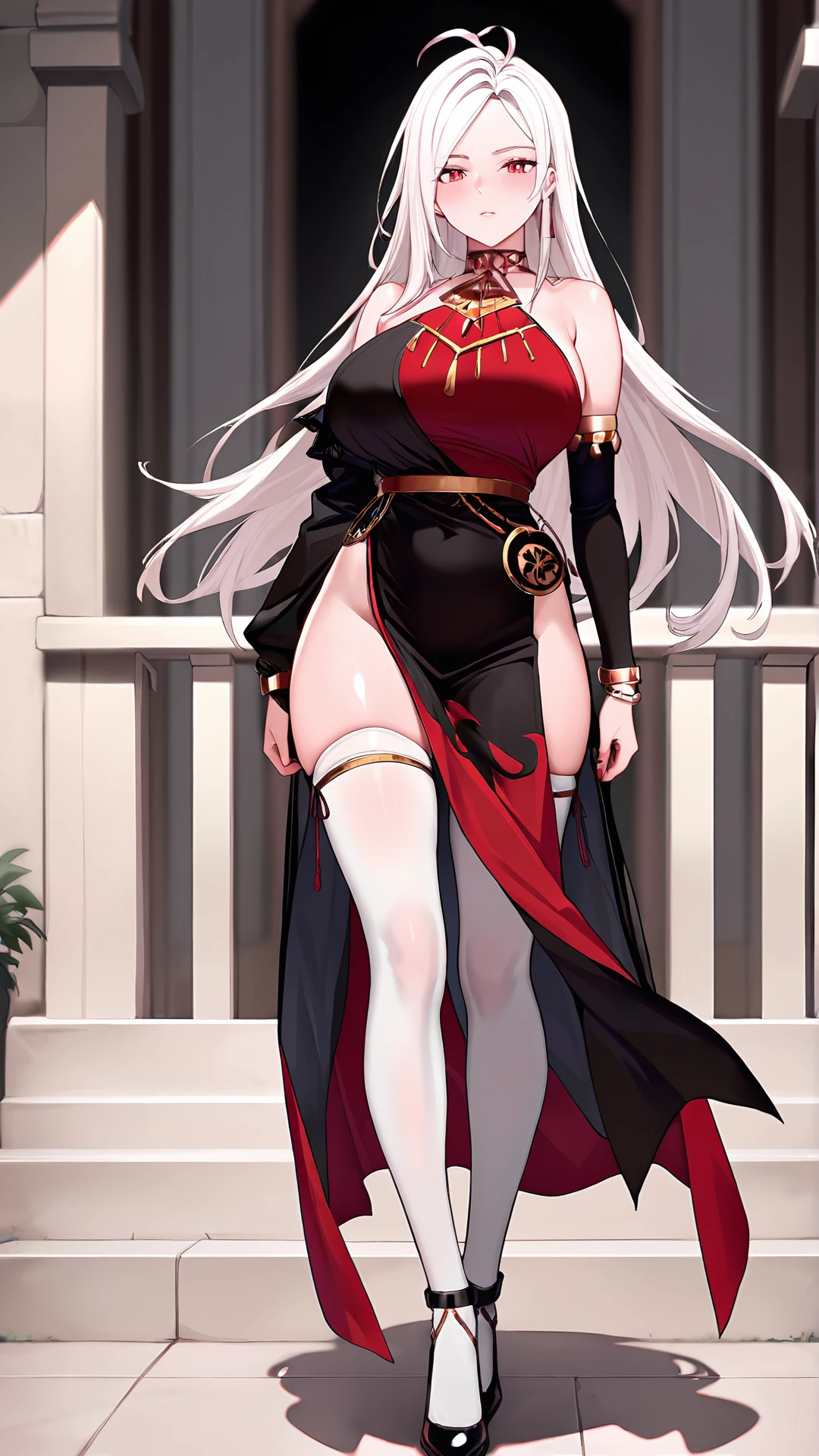 female, silver long hair with black highlights, red eyes, (((1girl))), (((red sleeveless dress))), (black heels), (black bracelets), (black choker with ruby), cute and sexy, full body, huge breasts, large butt, long legs, smiling