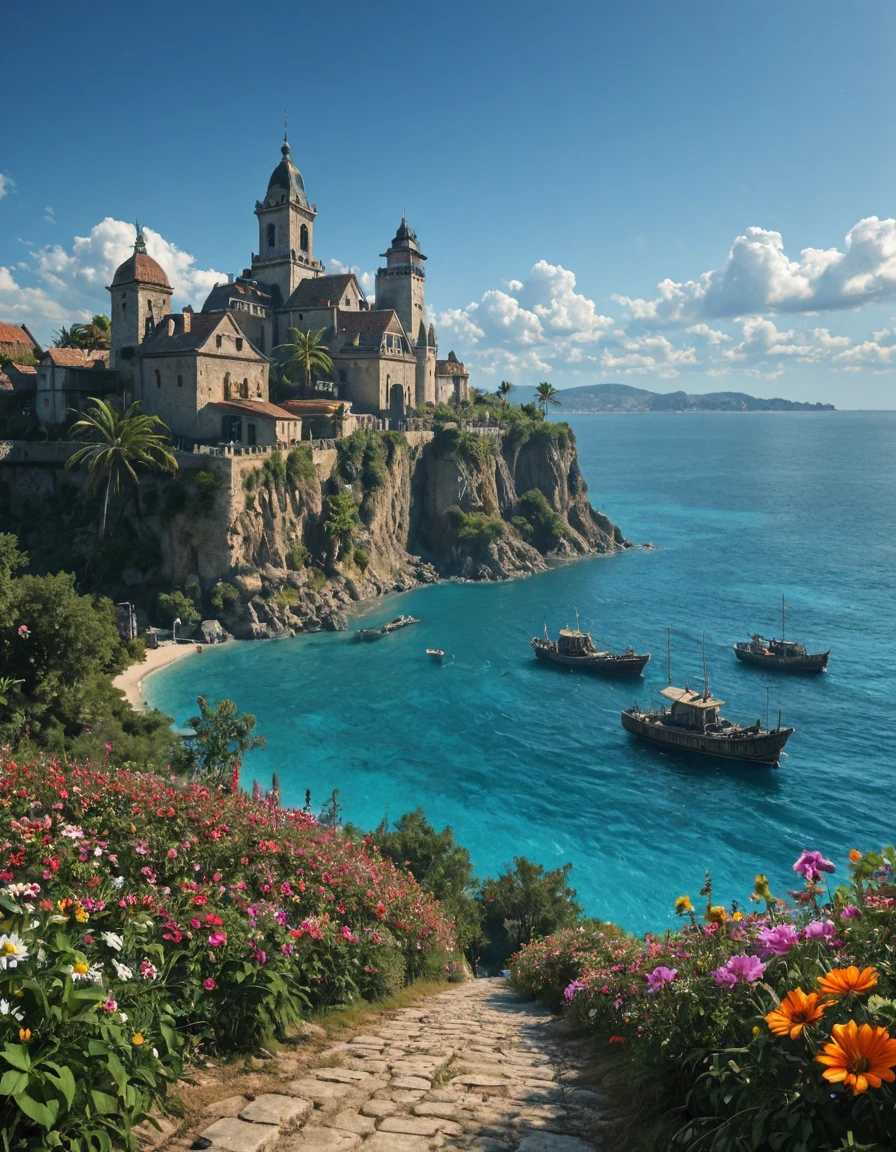 <lora:SWM-TY03ill:1> fortified town, rich detailed sky, blue sky, vegetation, flowers, blue sea, multi levels, summer day,
