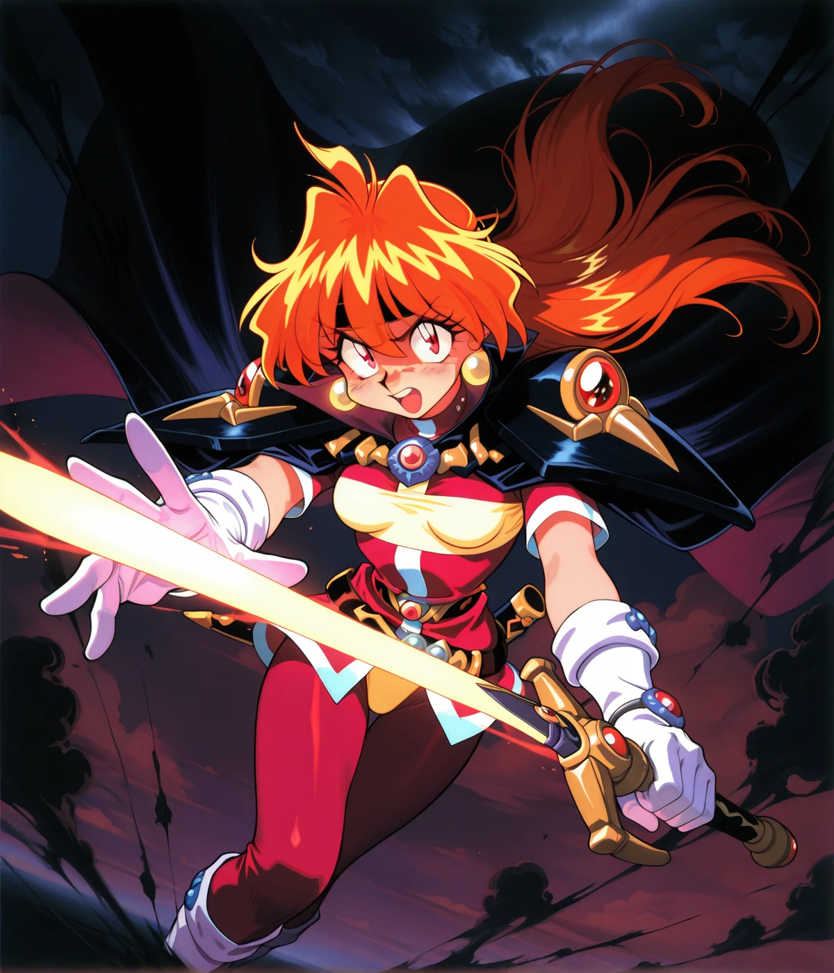 masterwork, masterpiece, highres, very aesthetic, absurdres, 8k, uhd, high detailed face, absolutly gorgeous, high detailed eyes, perfect eyes, dynamic light, dynamic angle, dark atmosphere, <lora:Slayers-Artstyle:1>, Sl4y3rs-Style, 1girl, solo, long hair, open mouth, gloves, white gloves, orange hair, small , cape, armor, headband, shoulder armor, pauldrons, magic sword, black headband, holding weapon, holding sword, sword of shadows, black smoke, cloud, 1990s (style), retro artstyle, lina inverse, five fingers, red lightnings, masterpiece, best quality, amazing quality, masterwork, cinematic light, harsh shadows, light and shadows, perfect composition