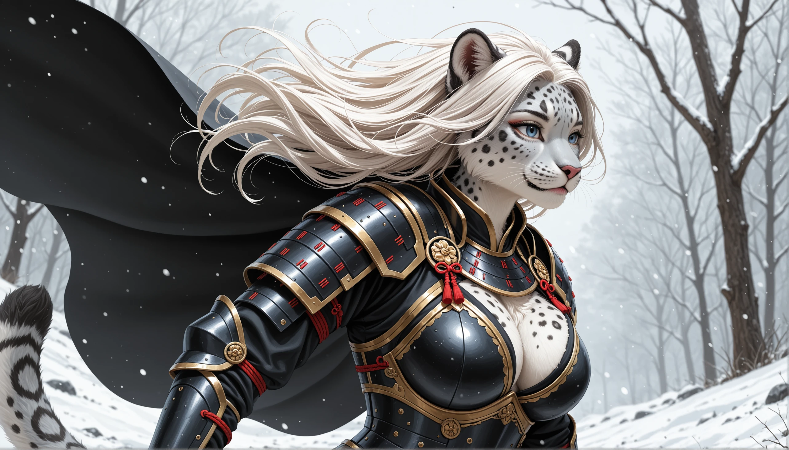 masterpiece, best quality, newest, absurdres, amazing quality, anthro, furry,

1girl, solo,

upper body,

(snow leopard:1.0), blue eyes, white hair, (long hair:1.0), (:1.0),

japanese armor, black armor, plate armor, gold trim, black cape,

looking away, dynamic pose,

abstract background, blurry background, simple background, wind,

eruca, realistic, depth of field, detailed background,