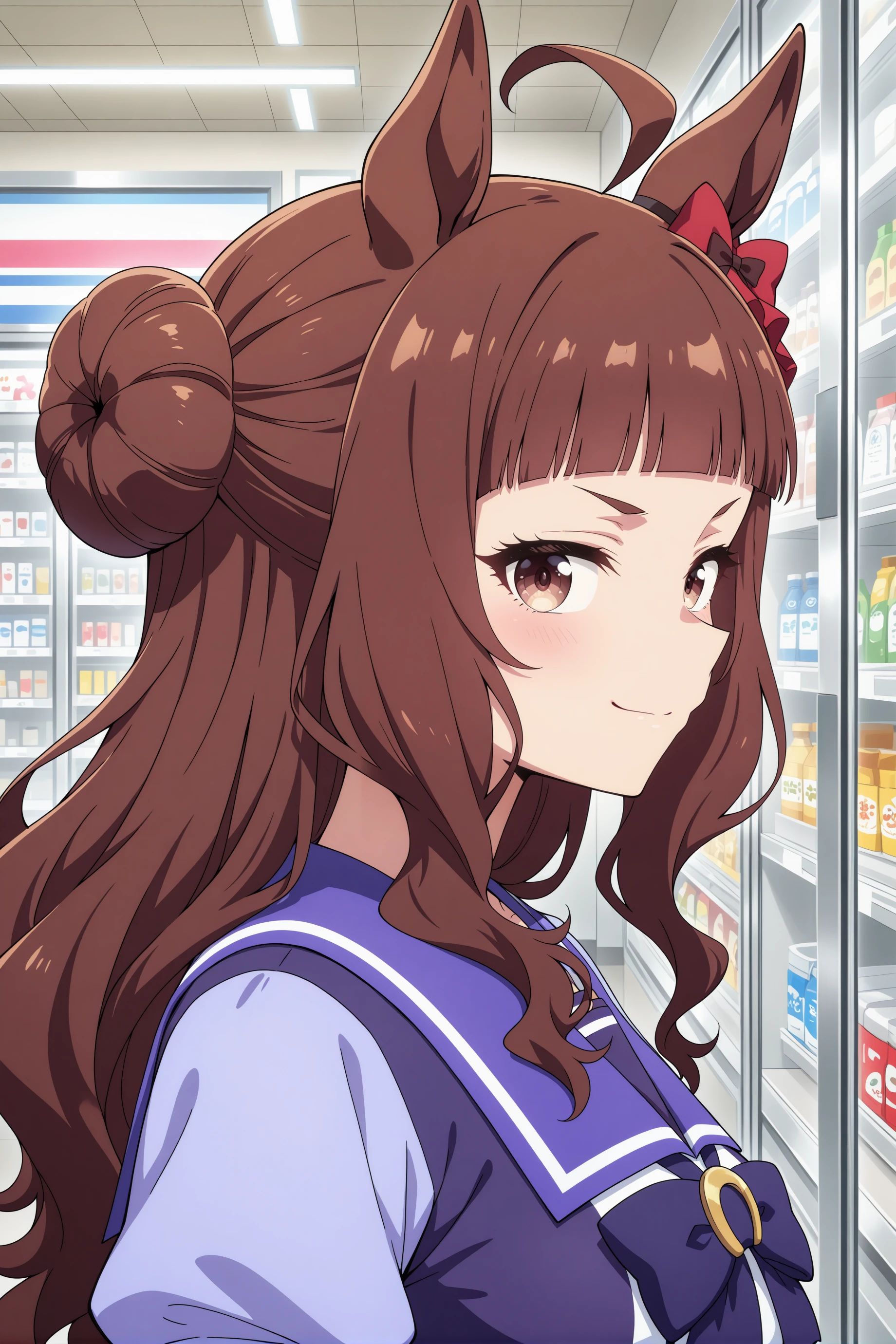 1girl, dynam heroine, umamusume, horse girl, solo,
long hair, ahoge, blunt bangs, brown hair, hair bun, red bow, brown eyes, medium breasts, wavy hair, ear ornament,
<lora:dynamheroine_Illust_v1:0.8>
tracen school uniform, winter uniform,
from side, portrait, looking to the side, smug, closed mouth,inside convenience store,
(masterpiece, best quality, newest, highres), (anime coloring:1.5), (anime screenshot:1.5)