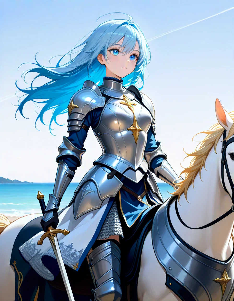 masterpiece, best_quality, very_aesthetic, highres, absurdres, ultra detailed,
armored dress , plate armor,Surcoat ,chainmail skirt, riding_horse hussar
coral eyes sky blue hair
holding weapon, holding mornig_srar
<lora:negXL:0.5> <lora:armored_dress_IL:1>