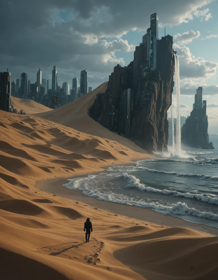 <lora:SWM-TY03ill:1> beautiful landscape, dunes, sea, beautiful giant waves, lots of wind, waterfalls, cyberpunk city,