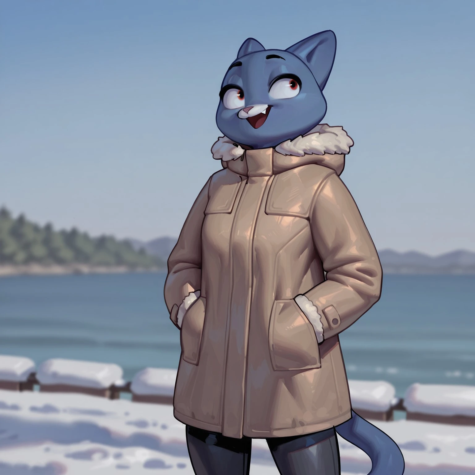 8k, masterpiece, best quality, highly detailed, realistic, 1girl, solo, NicoleQS, female furry, anthro, feline, cat, black eyebrows, orange eyes, black pupils, pink nose, white fang, blue body, (tan winter coat, white fur trim, long coat, black pants, hands in pocket), smile, (looking away), standing, snow, afternoon blue sky, lake front view, detailed background, open mouth, arrusa